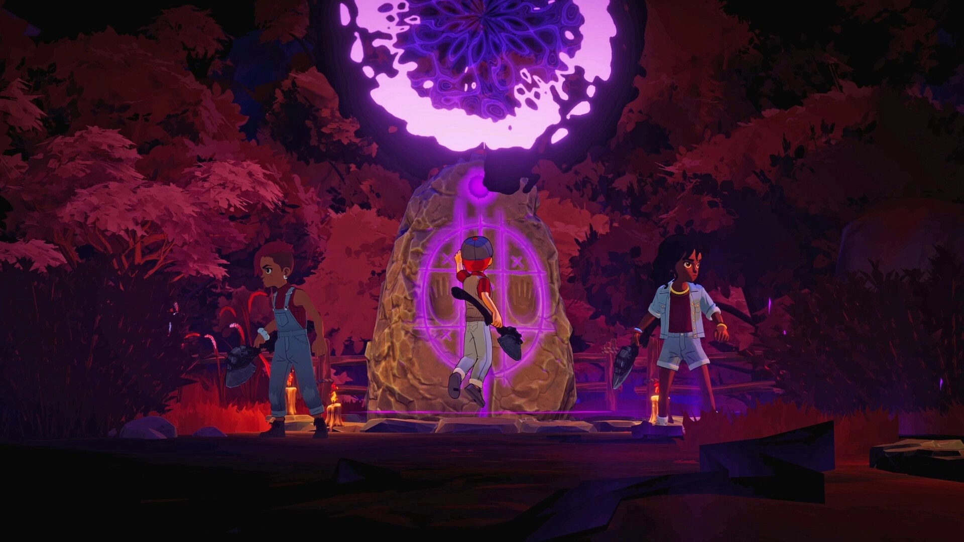 Voidwood: Three teens with shovels approach a glowing rune stone under a purple portal in dark woods.