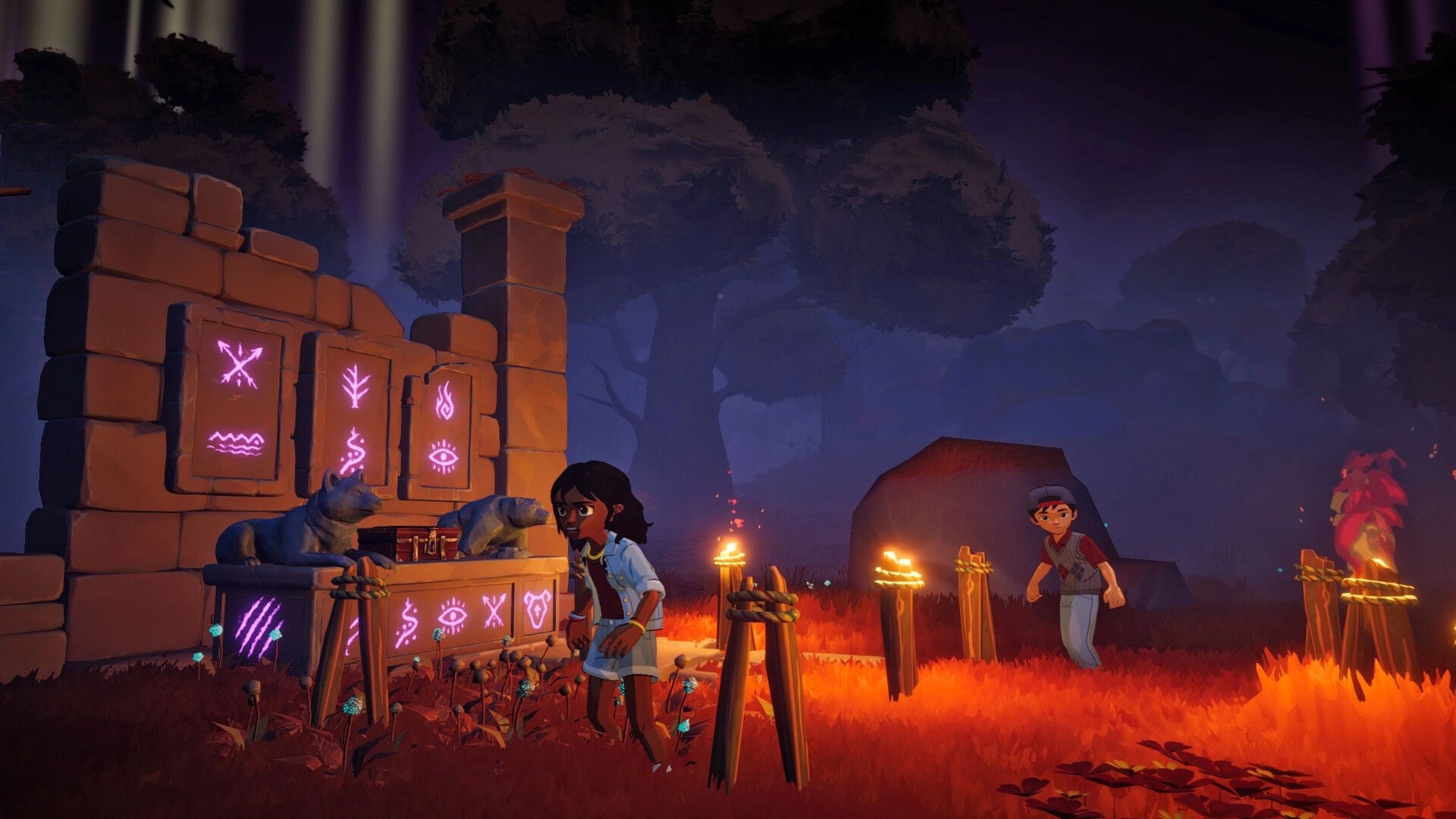 Voidwood: Two players creep past a rune-carved stone shrine and torches in a misty forest camp.