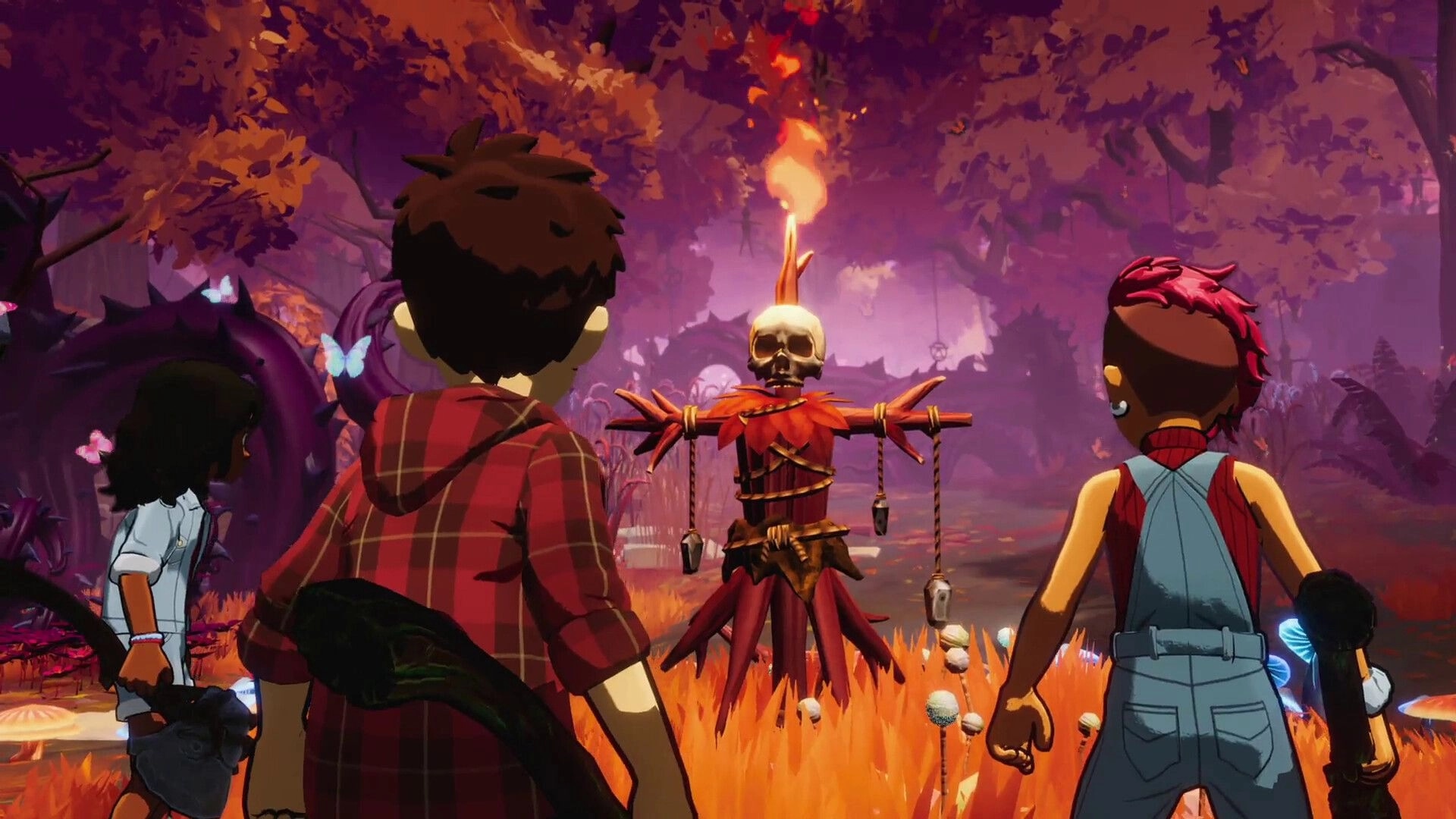 Voidwood: Three players approach a flaming skull effigy in a purple, autumn forest clearing at dusk.