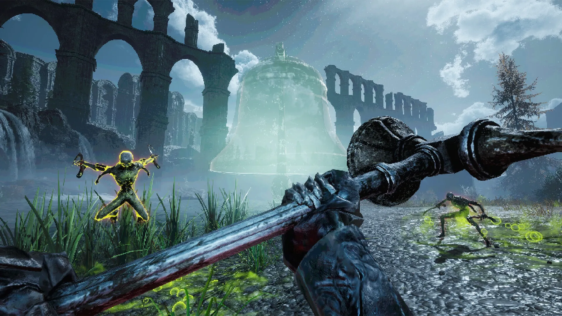 VOIN: Player wields a hammer against glowing enemies in a ruined archway setting with a mystical bell.