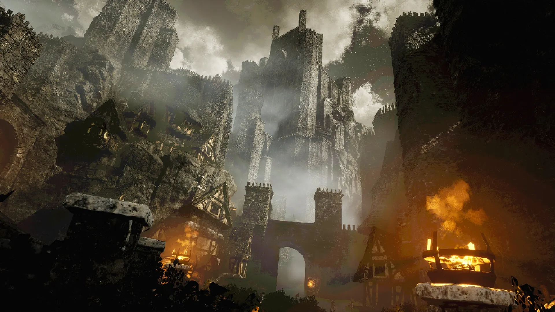 VOIN: Towering stone castle looms over burning village in eerie dark fantasy landscape.