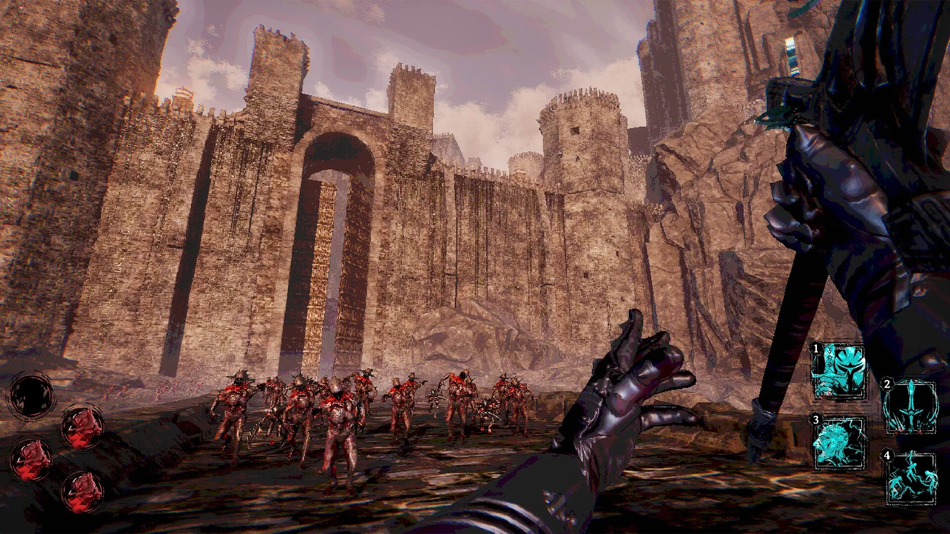 VOIN: Player faces a horde of enemies near towering castle walls, with elemental abilities ready to use.