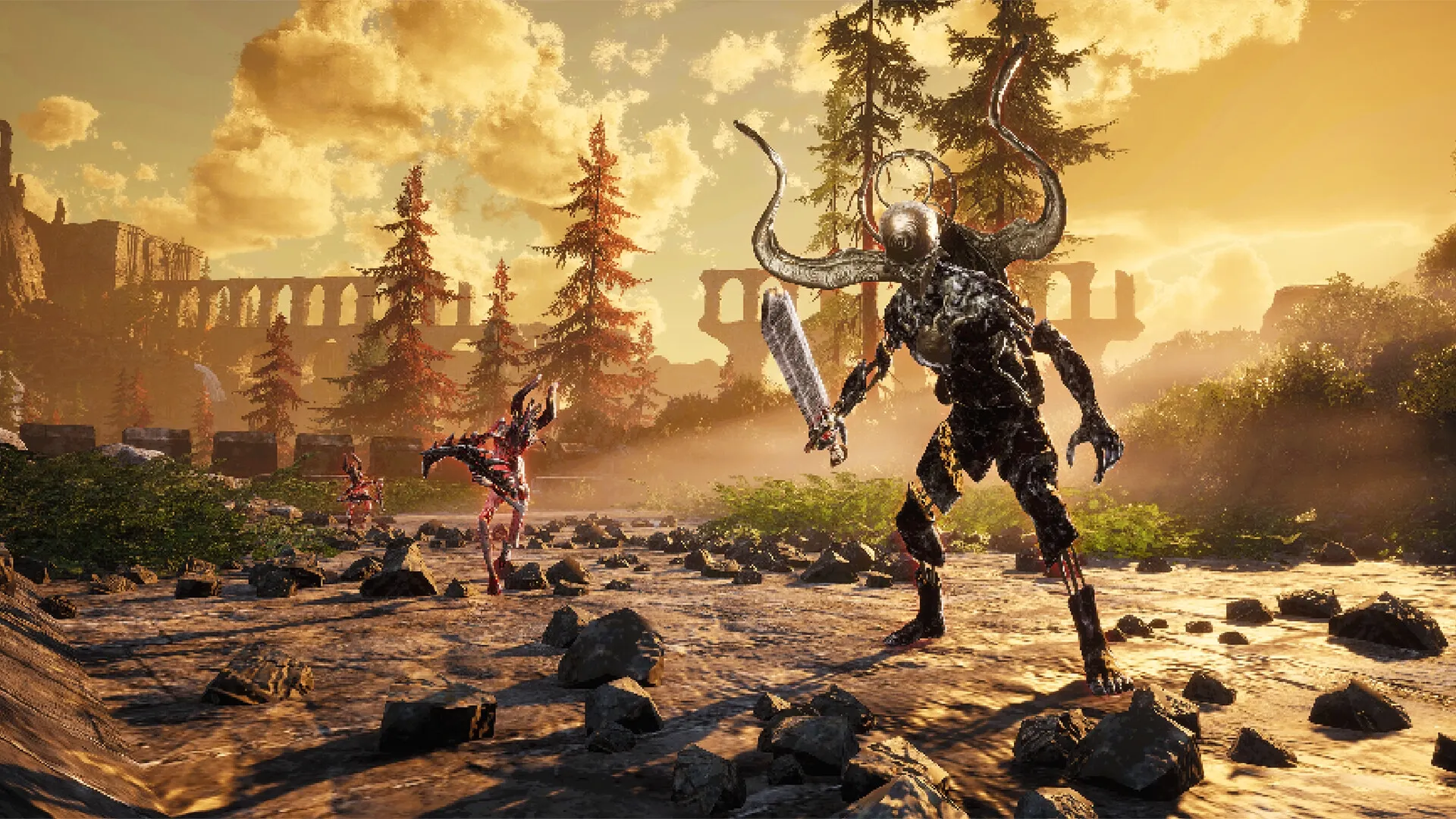 VOIN: Two demonic creatures wielding weapons in a sunlit, rocky forest with ancient ruins in the distance.