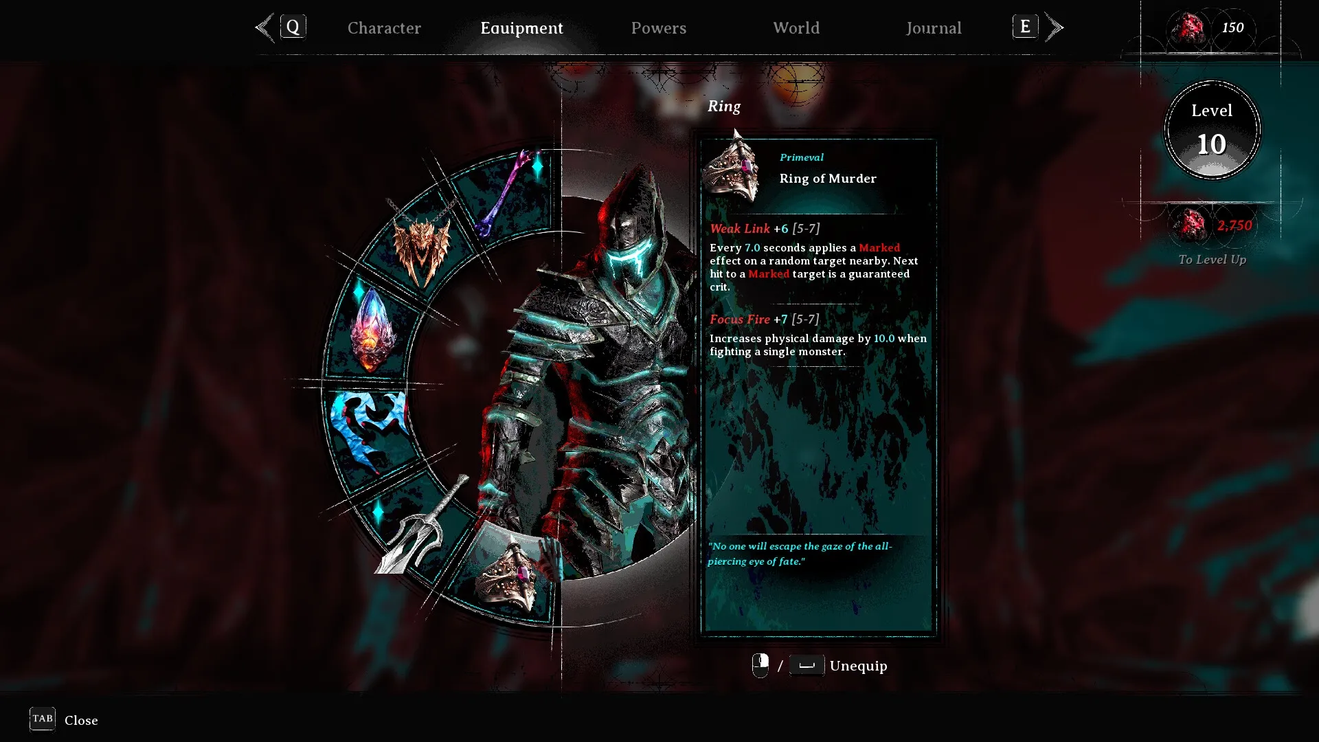 VOIN: Equipment screen showing armored character with Ring of Murder details in dark fantasy setting