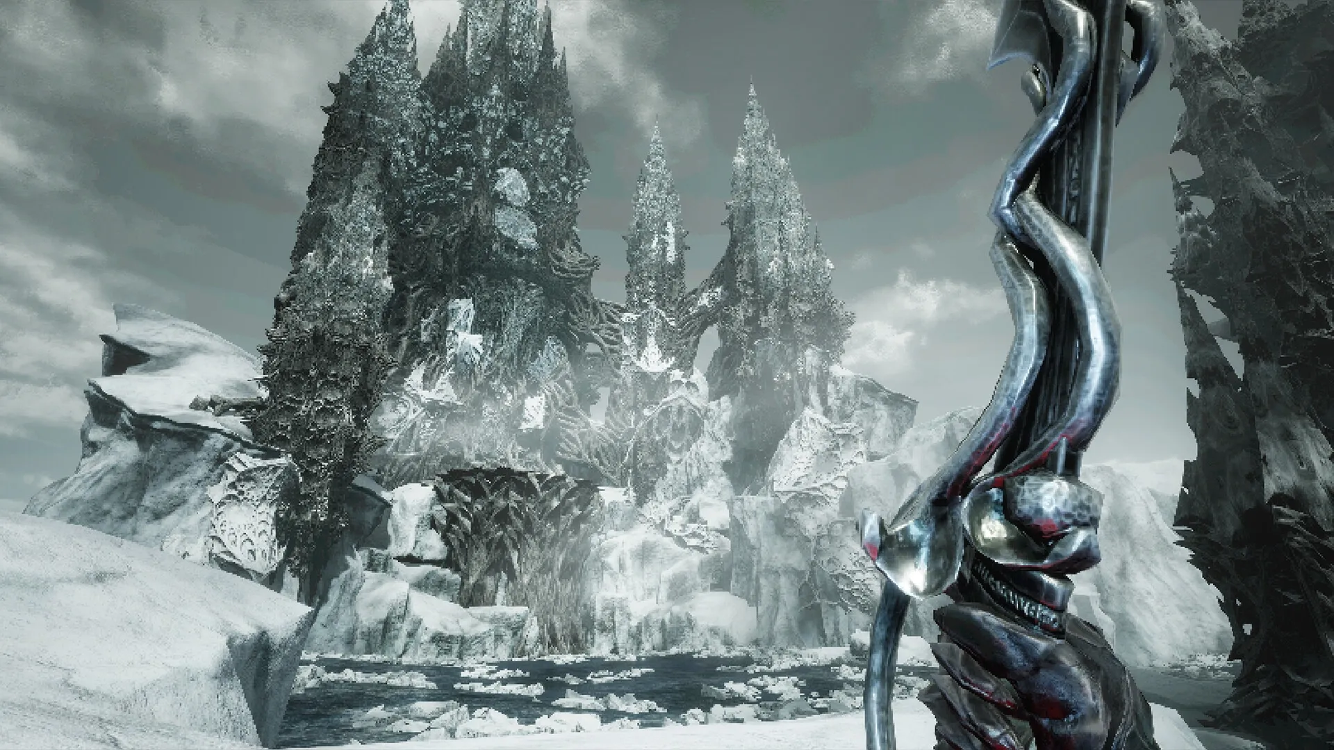 VOIN: Player wields a mystical blade in an icy landscape with towering dark fantasy structures
