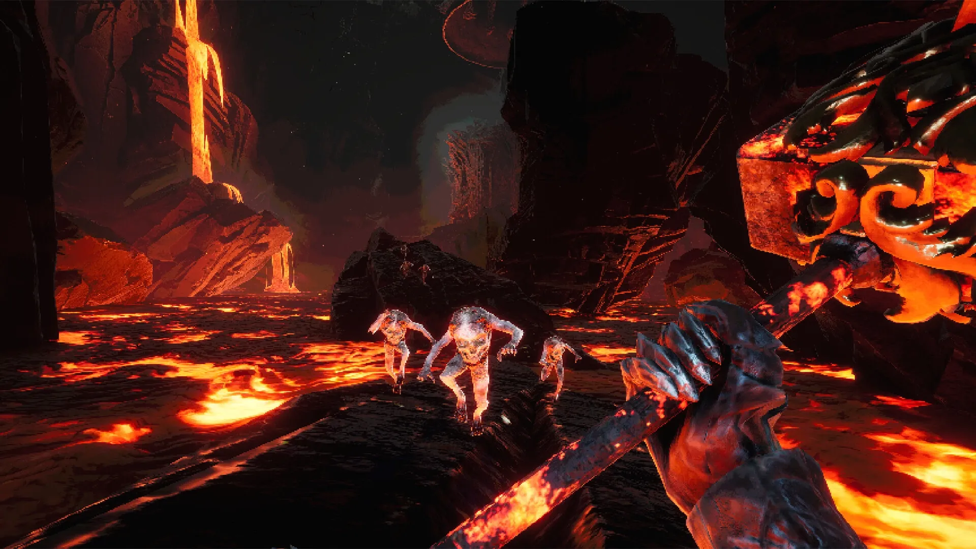 VOIN: First-person combat with fiery creatures on a lava-filled path in a dark, volcanic landscape