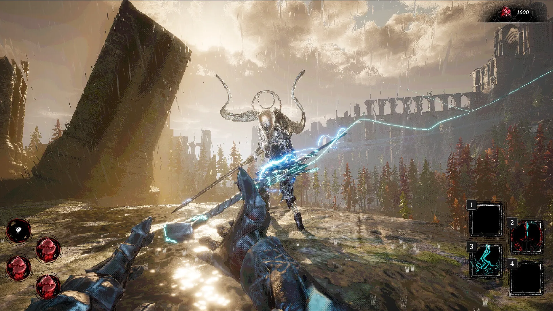 VOIN: Player battles horned enemy with elemental powers in a ruined landscape with ancient structures.