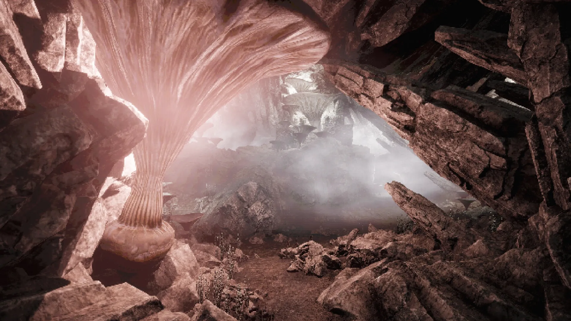 VOIN: Mysterious cave landscape with giant glowing mushroom amidst rocky terrain and misty atmosphere
