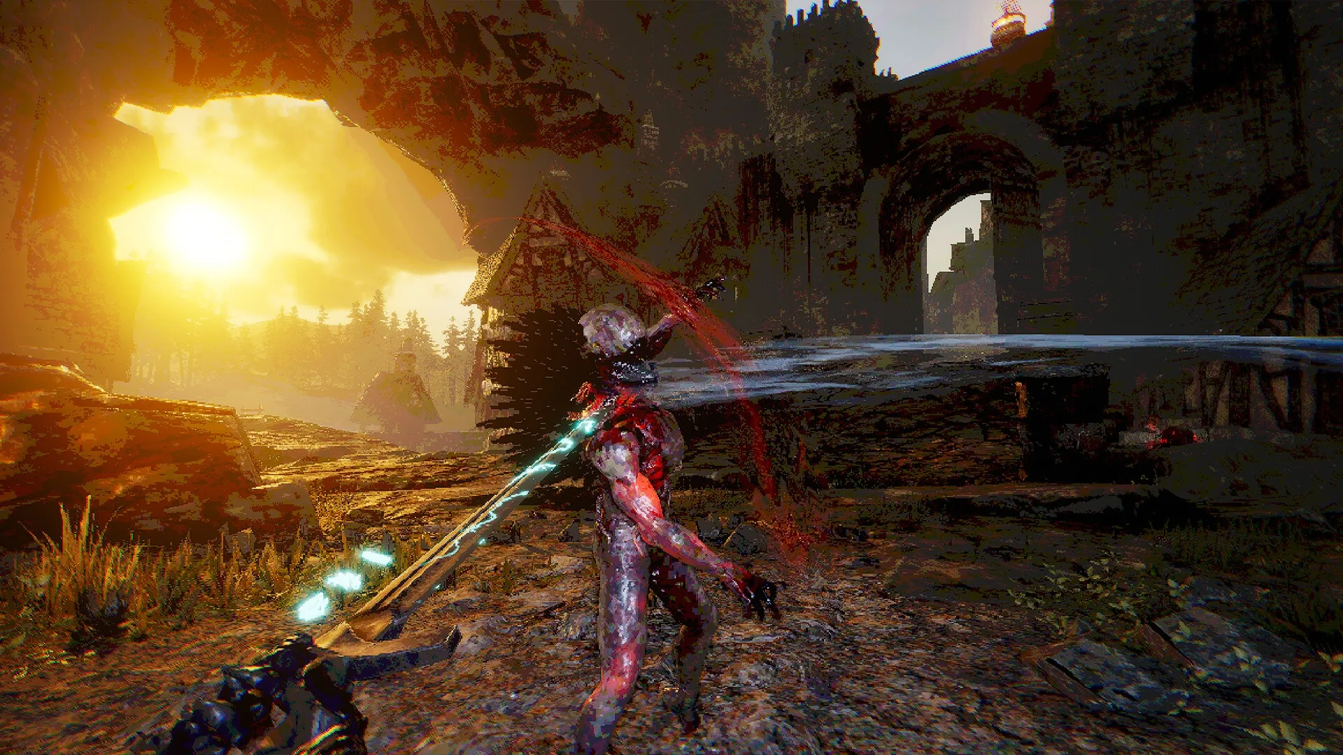 VOIN: Player slashes enemy with glowing sword in sunset-lit ruins, showcasing dynamic combat action.