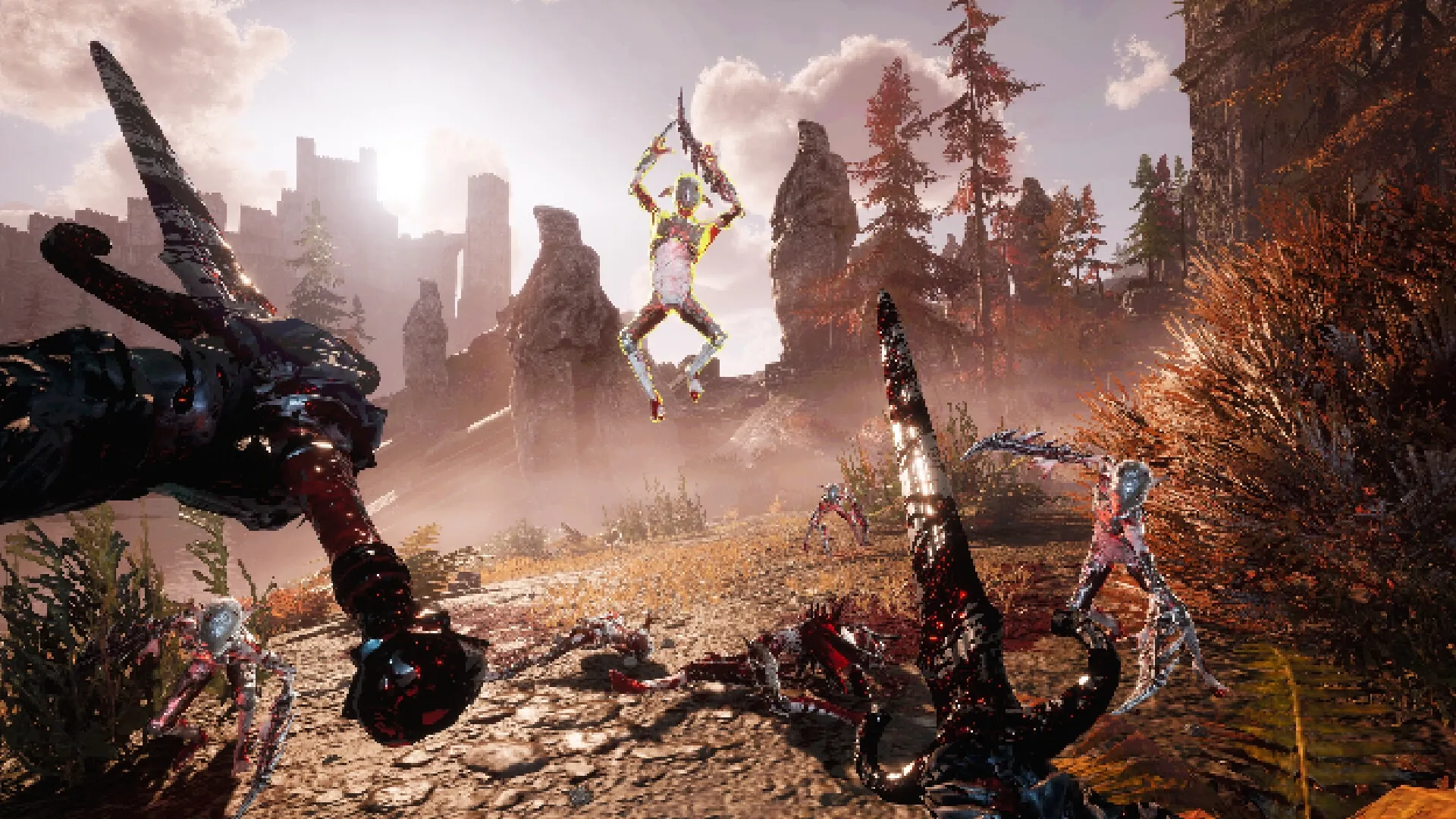 VOIN: Player battles multiple enemies with swords in a sunlit, rocky landscape with castle ruins.