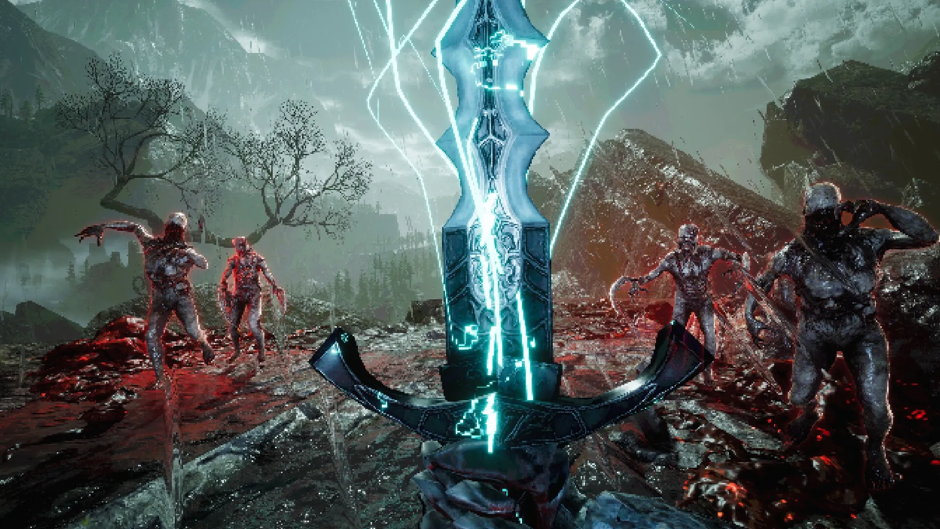 VOIN: First-person combat with glowing sword against zombie horde in eerie, mountainous landscape