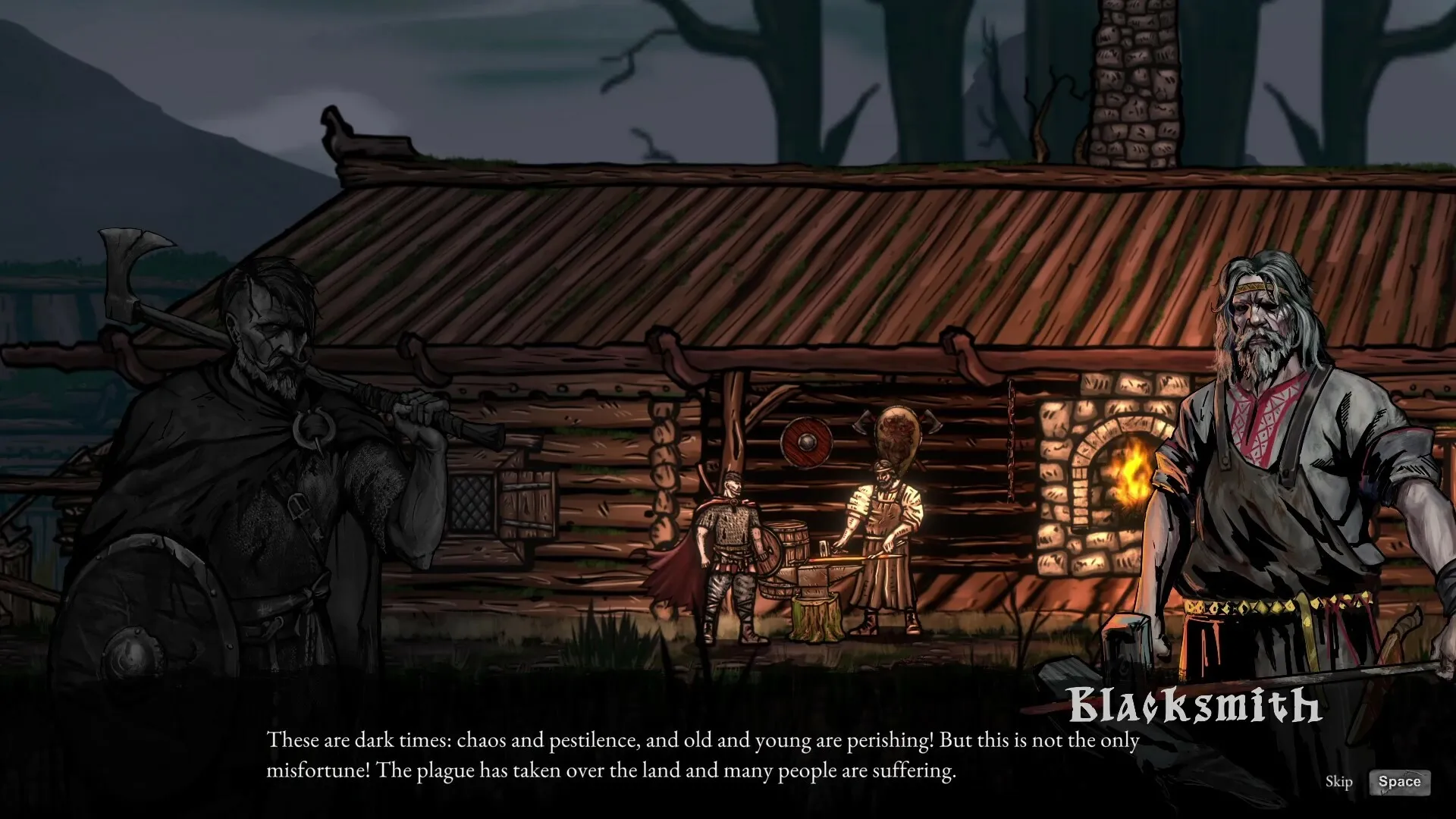 Volkolak: Blacksmith and warrior converse near a glowing forge outside a rustic wooden cabin at night.