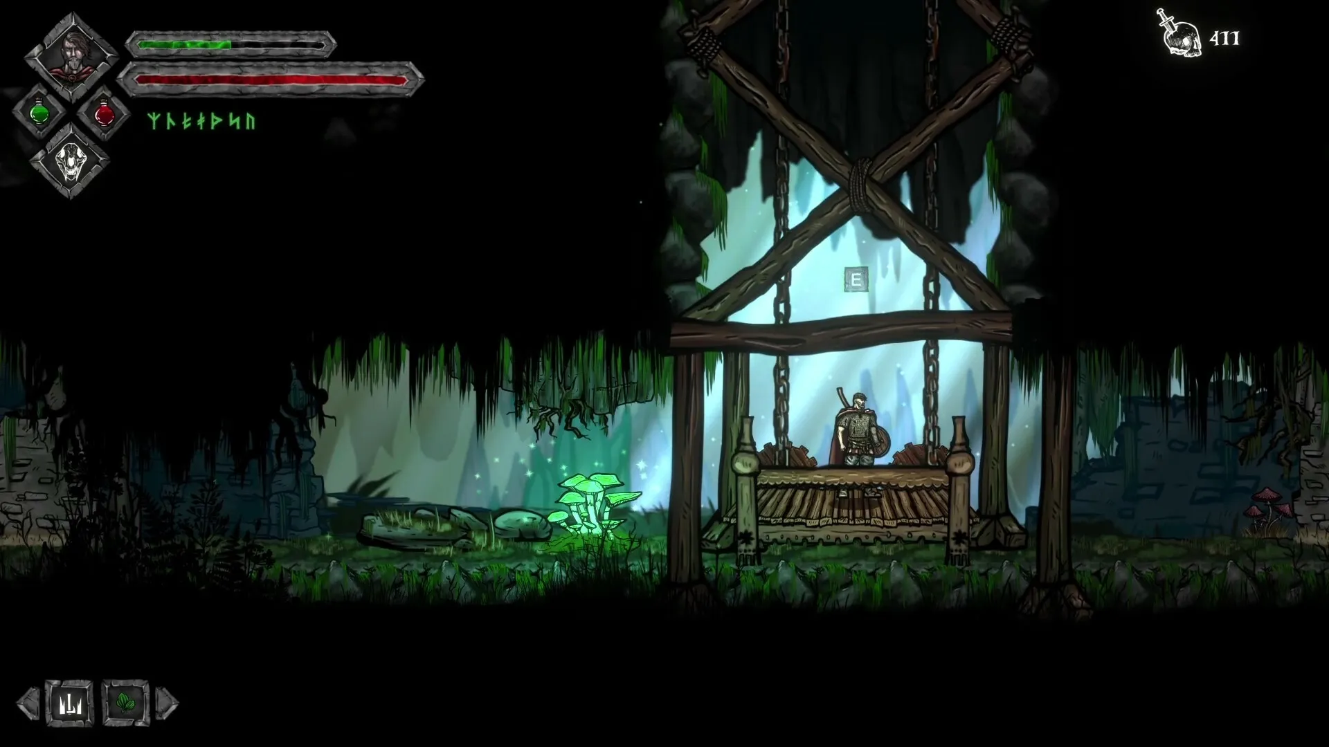 Volkolak: Character stands on wooden platform in cave, glowing mushrooms nearby, health bar visible