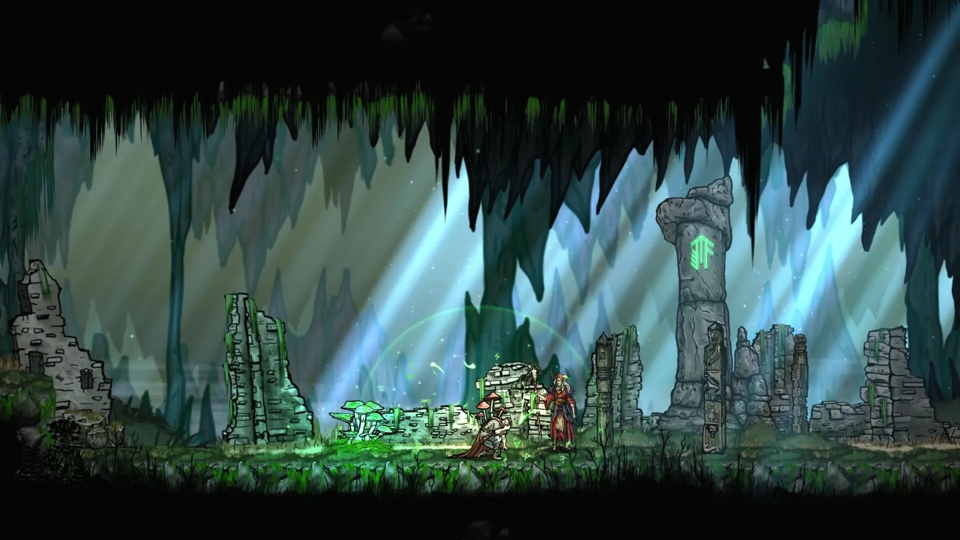 Volkolak: Two characters in dialogue amid ancient ruins with glowing runes in a mystical cave setting