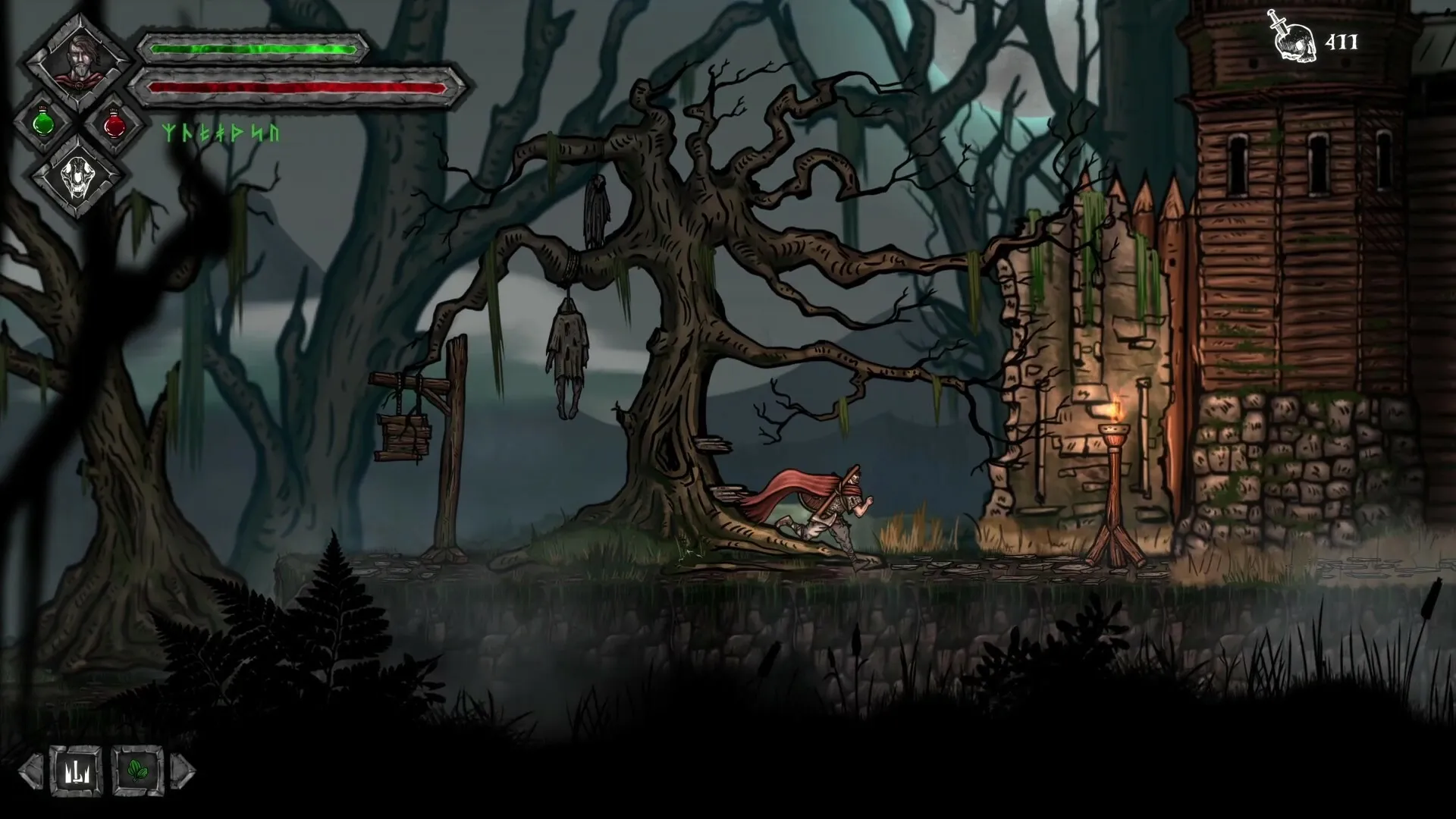 Volkolak: Character running past a twisted tree and ruined tower in a dark, eerie forest environment.