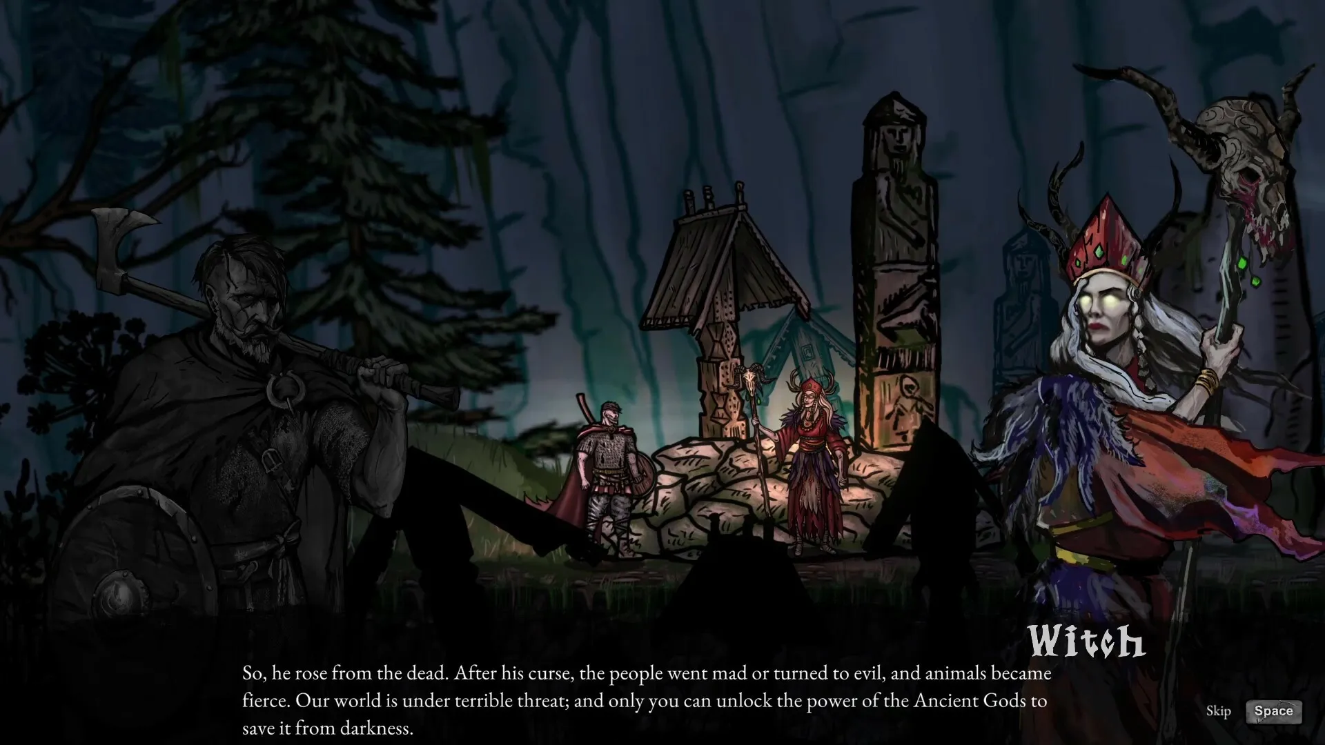 Volkolak: Witch confronts warrior in forest clearing, surrounded by totems and dark, looming trees.