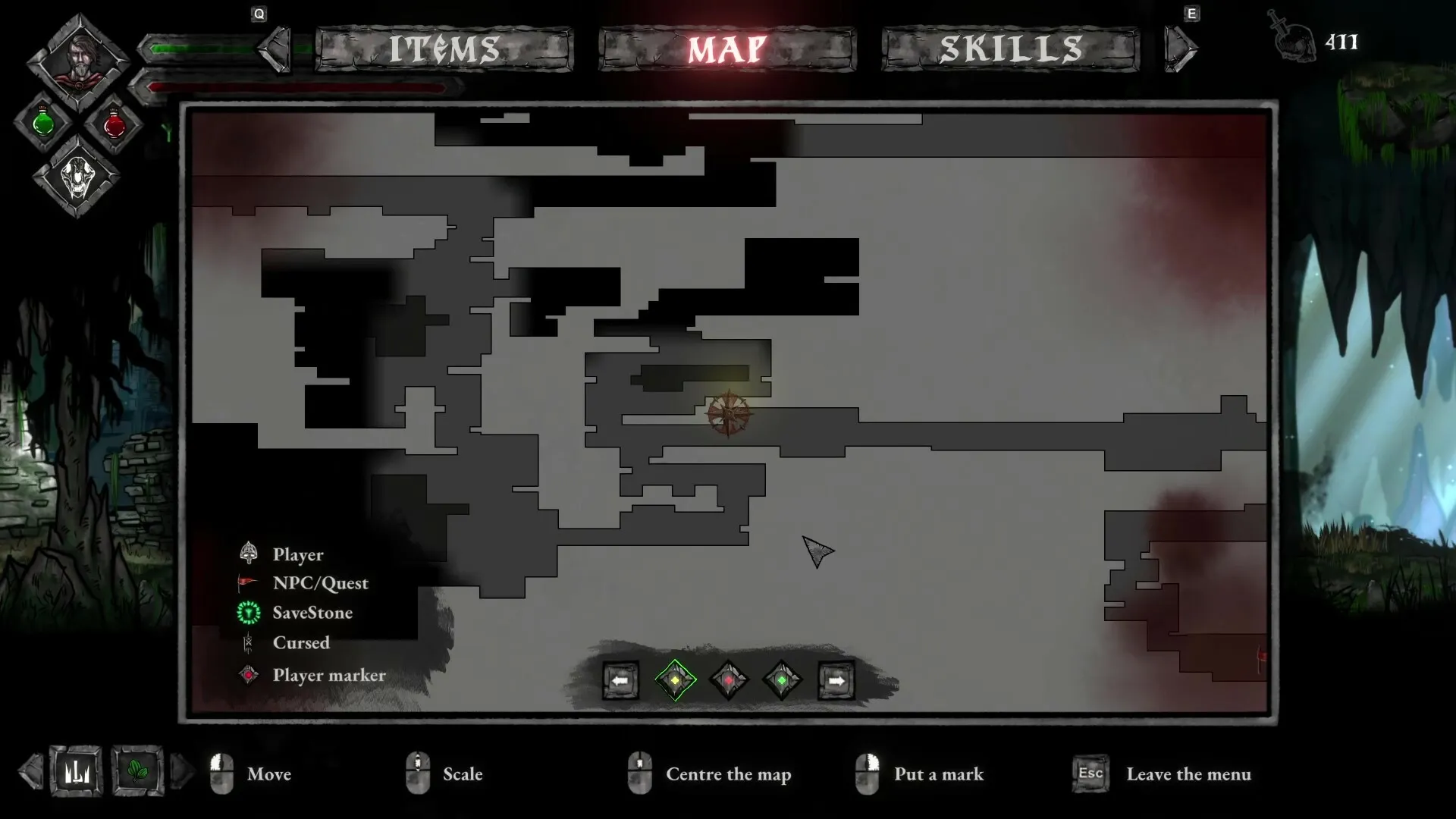 Volkolak: Map interface showing player location, NPC quests, and savestones in dark fantasy environment
