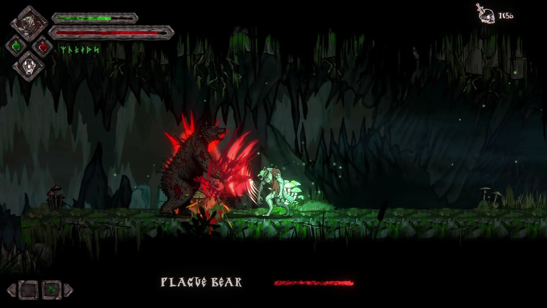 Volkolak: Combat with Plague Bear in dark cave, health bars and inventory icons visible