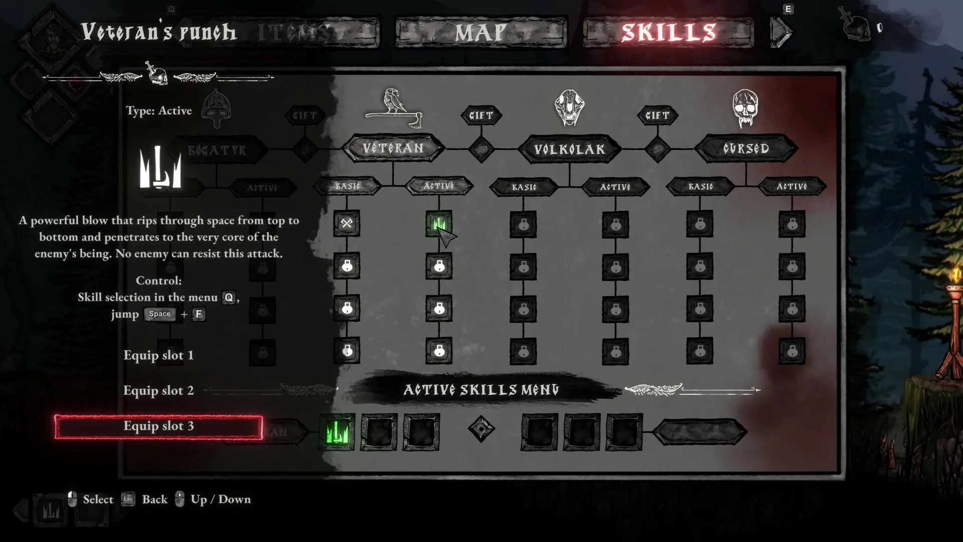 Volkolak: Skills menu displaying abilities and descriptions in a dark, enchanted forest setting.
