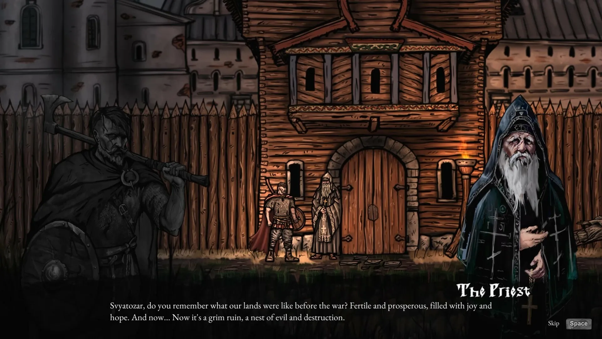 Volkolak: Svyatozar converses with a cloaked priest outside a wooden fortress in a dimly lit village.