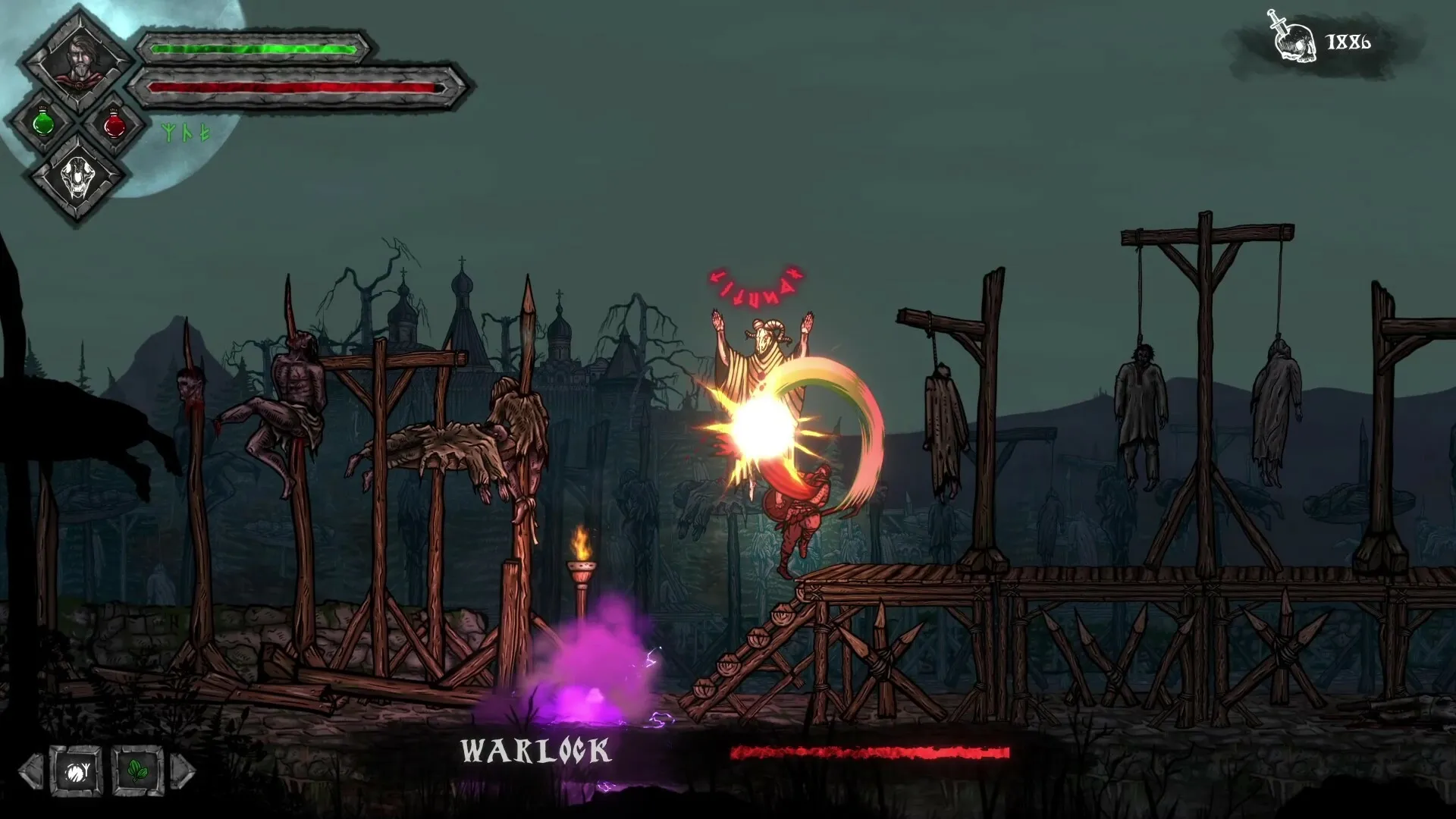 Volkolak: Player battles a Warlock on wooden platforms with hanging bodies in a dark, eerie landscape.