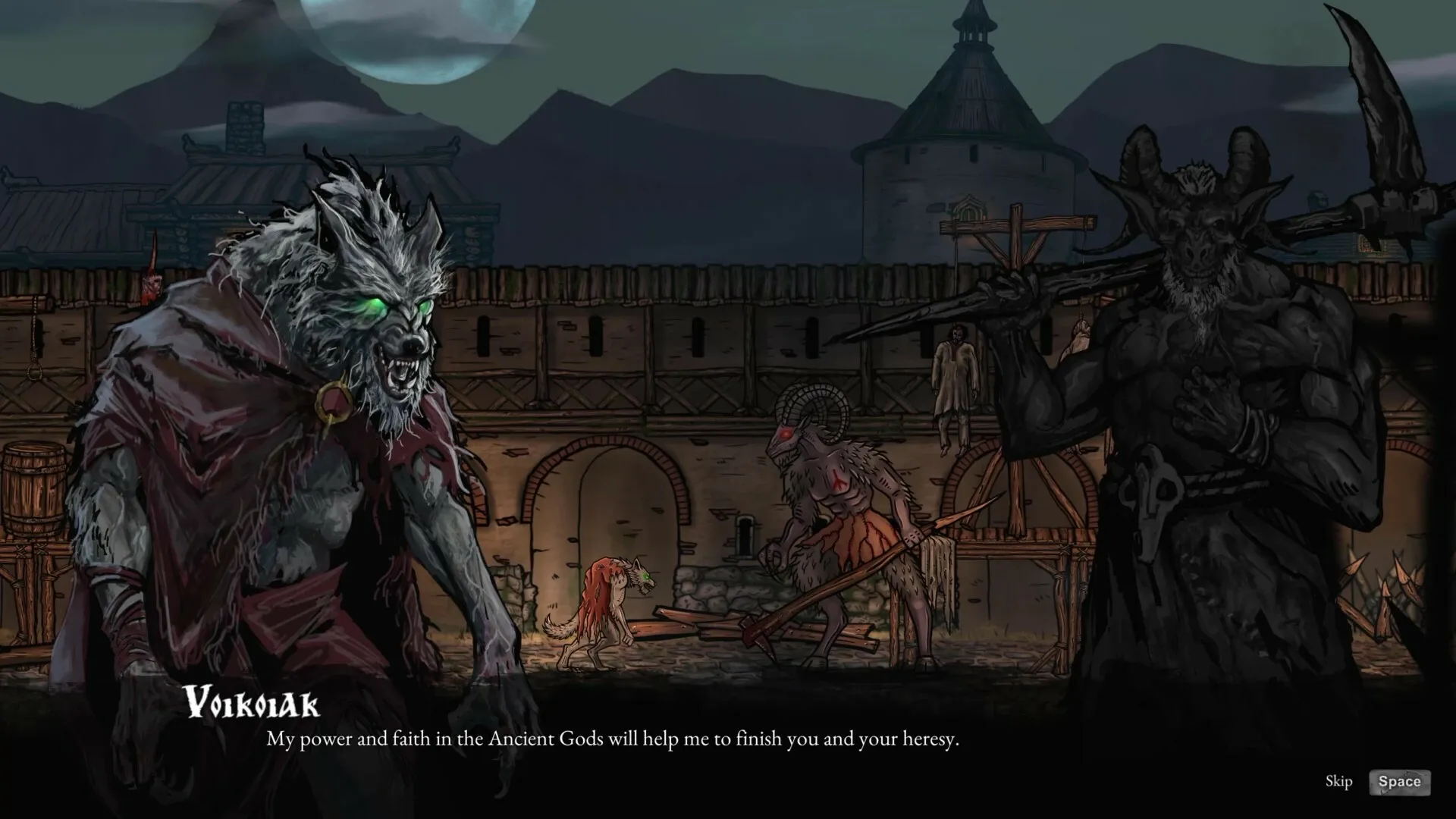 Volkolak: Werewolf confronts demonic creatures in a medieval fortress under a full moon sky