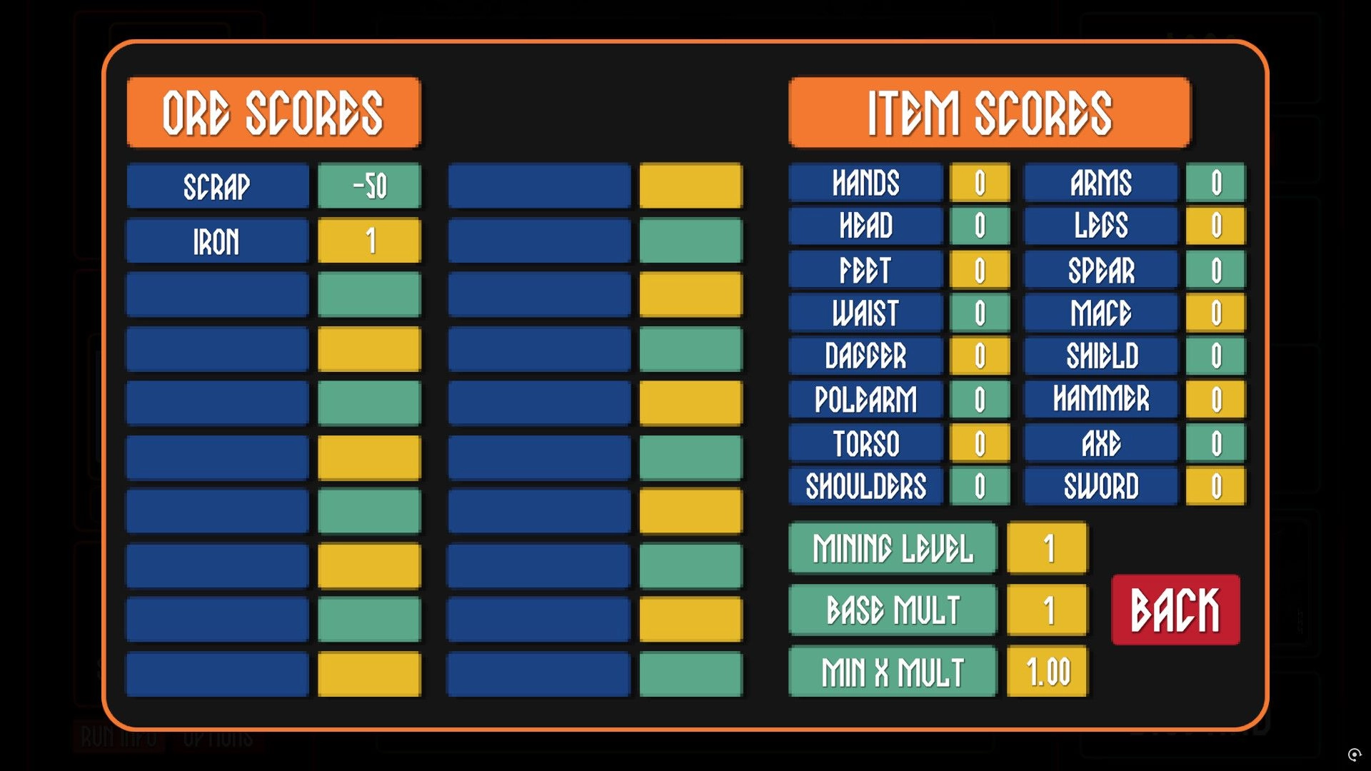VÖLUND: Ore and item scores menu with mining level and multipliers in a blacksmithing interface.