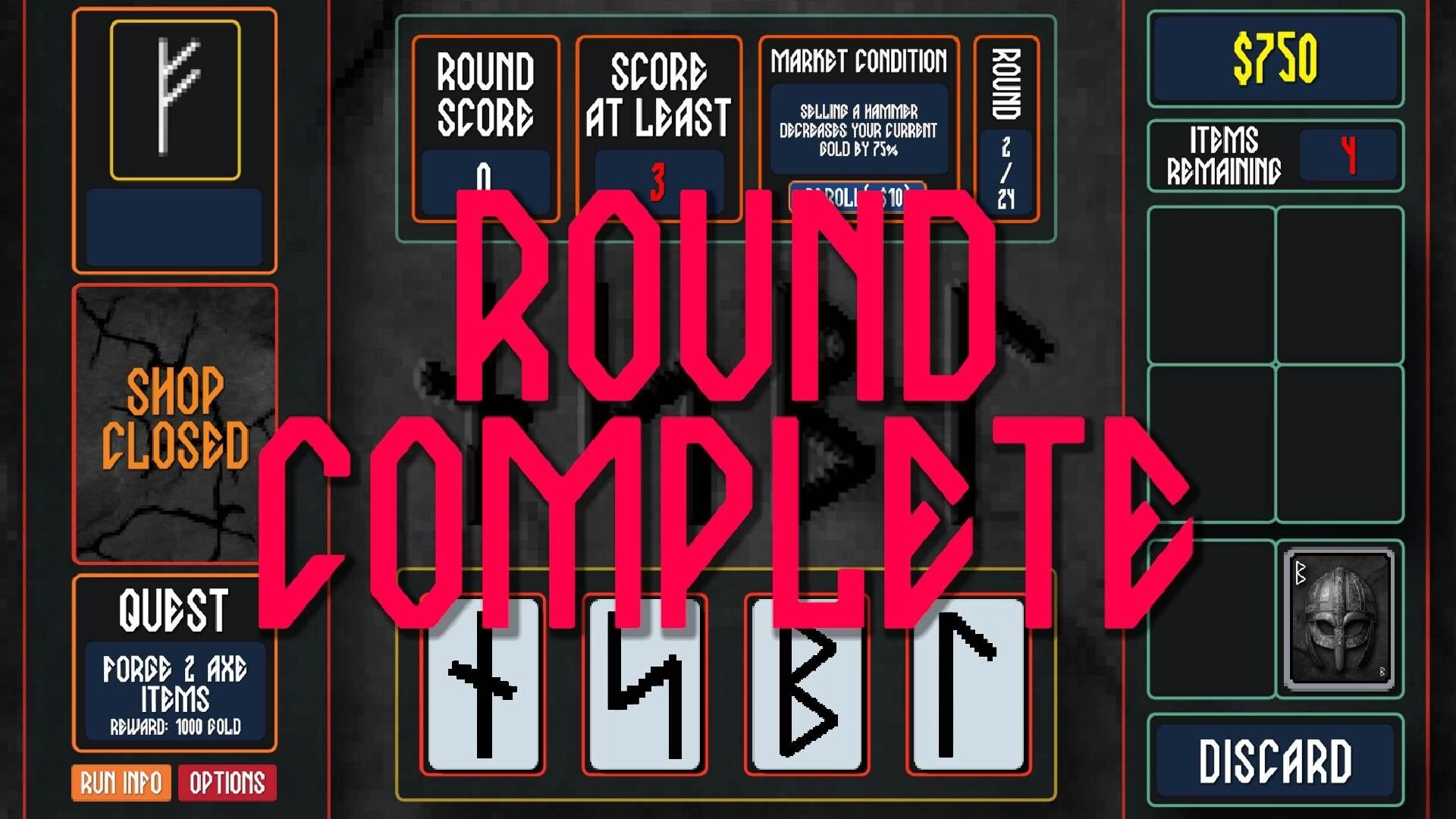 VÖLUND: "Round Complete" displayed over score, market condition, and quest details in interface screen.