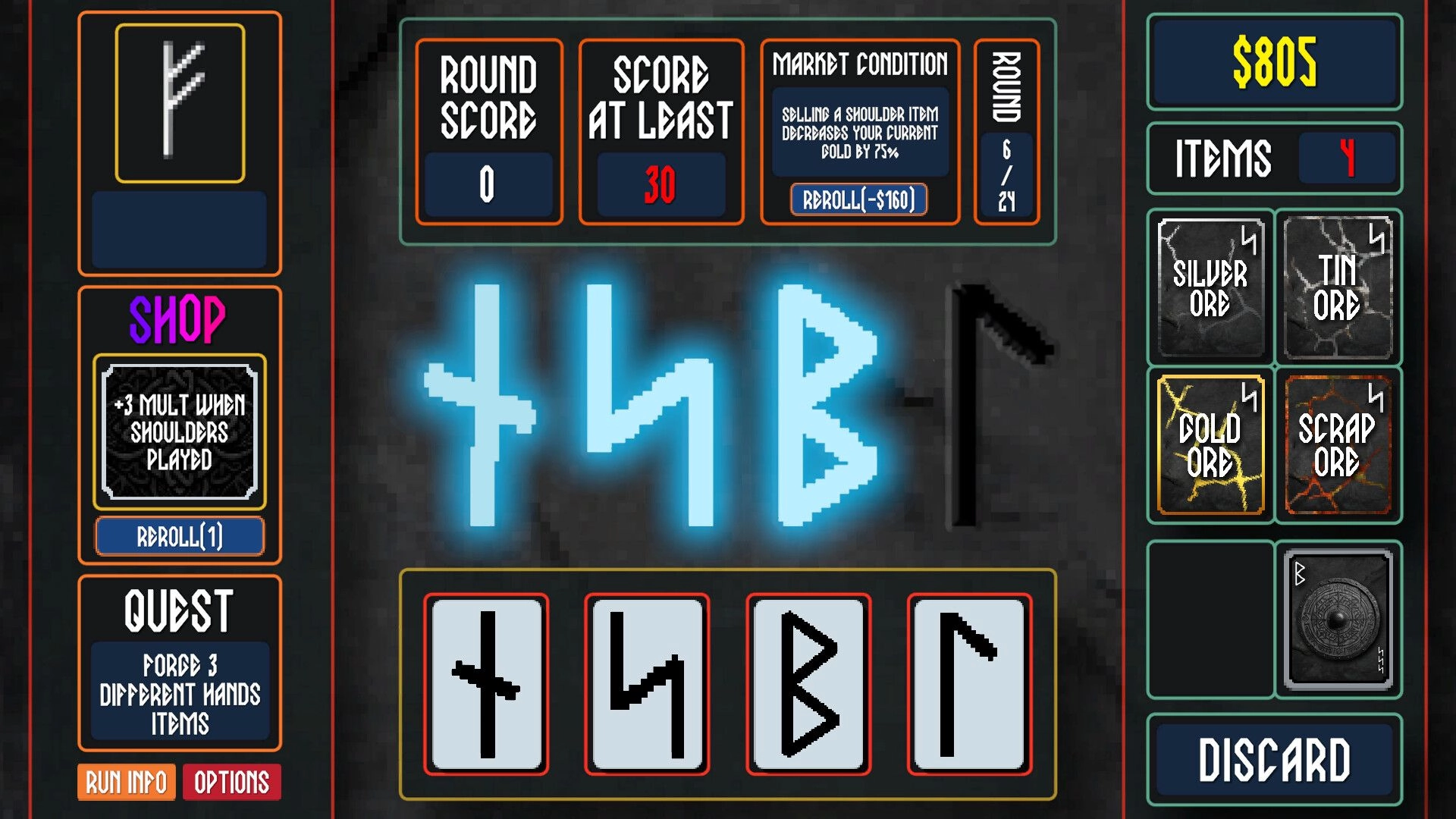 VÖLUND: Rune crafting interface with market conditions, score, and ore inventory displayed