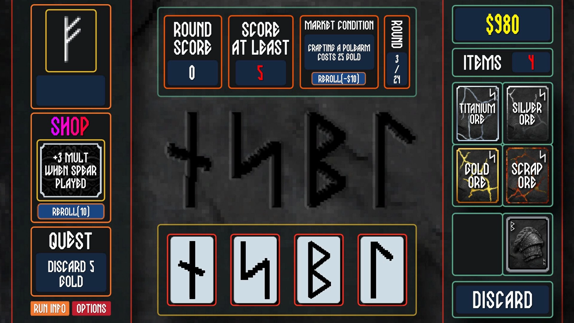 VÖLUND: Rune selection interface with inventory showing titanium, silver, gold, and scrap ores
