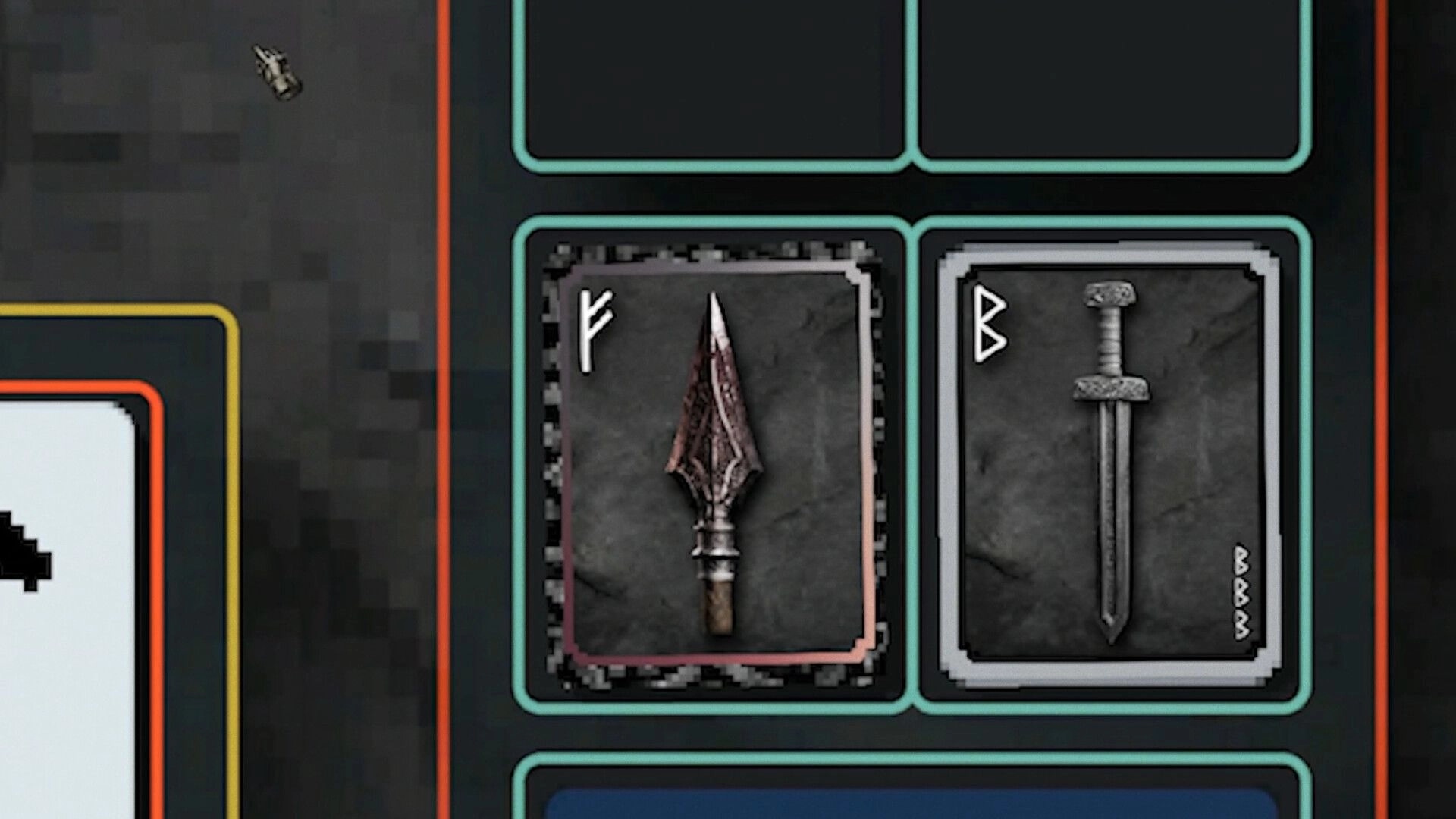 VÖLUND: Inventory display featuring crafted weapons with rune symbols in a dark, pixelated interface.