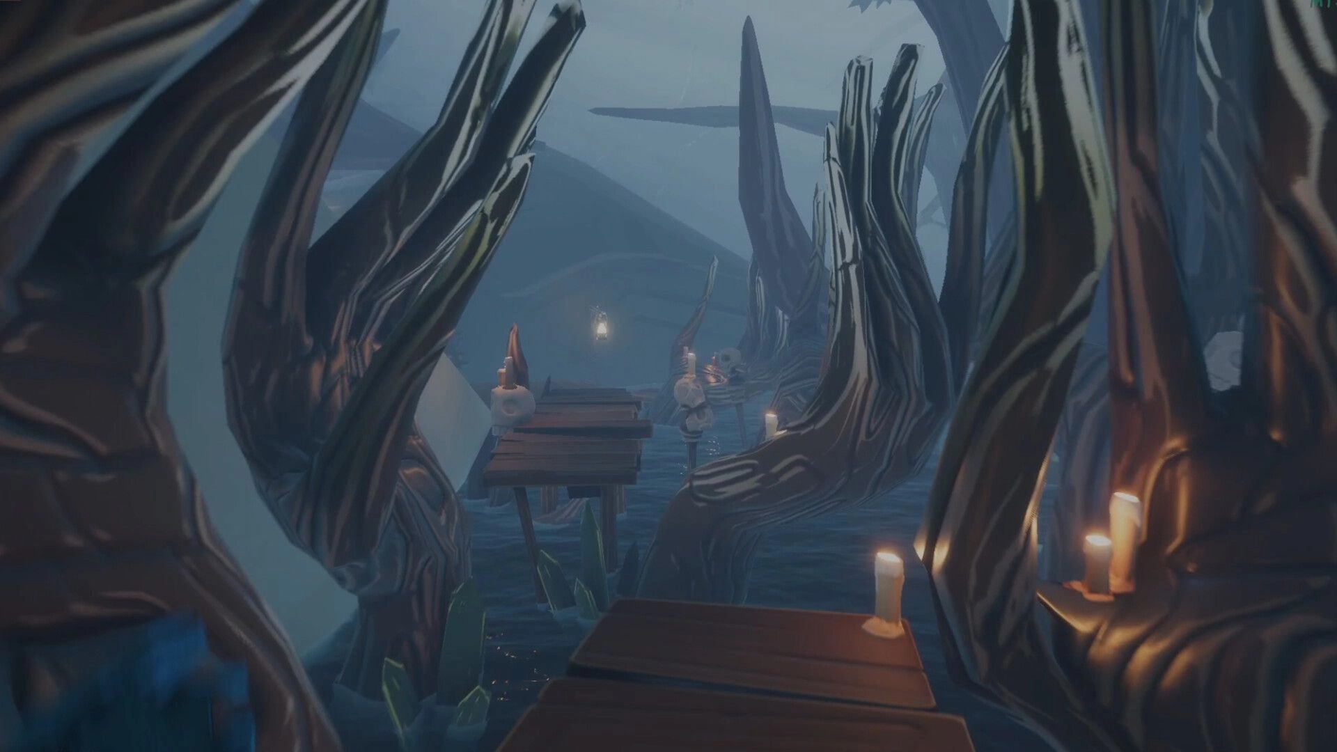 Voodoo Fishin': Candlelit wooden path through eerie swamp with twisted trees and skull decorations