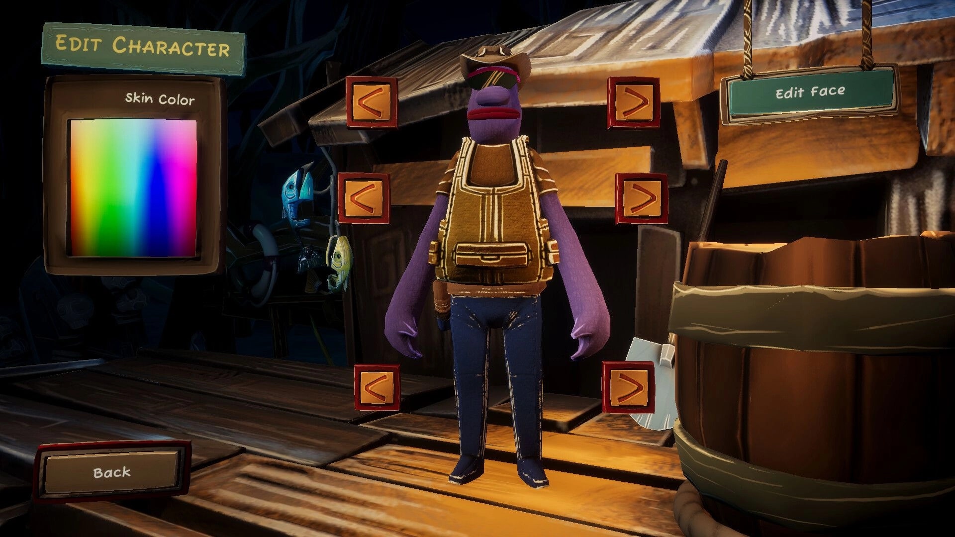 Voodoo Fishin': Character customization screen with skin color selection and outfit options in swamp cabin.