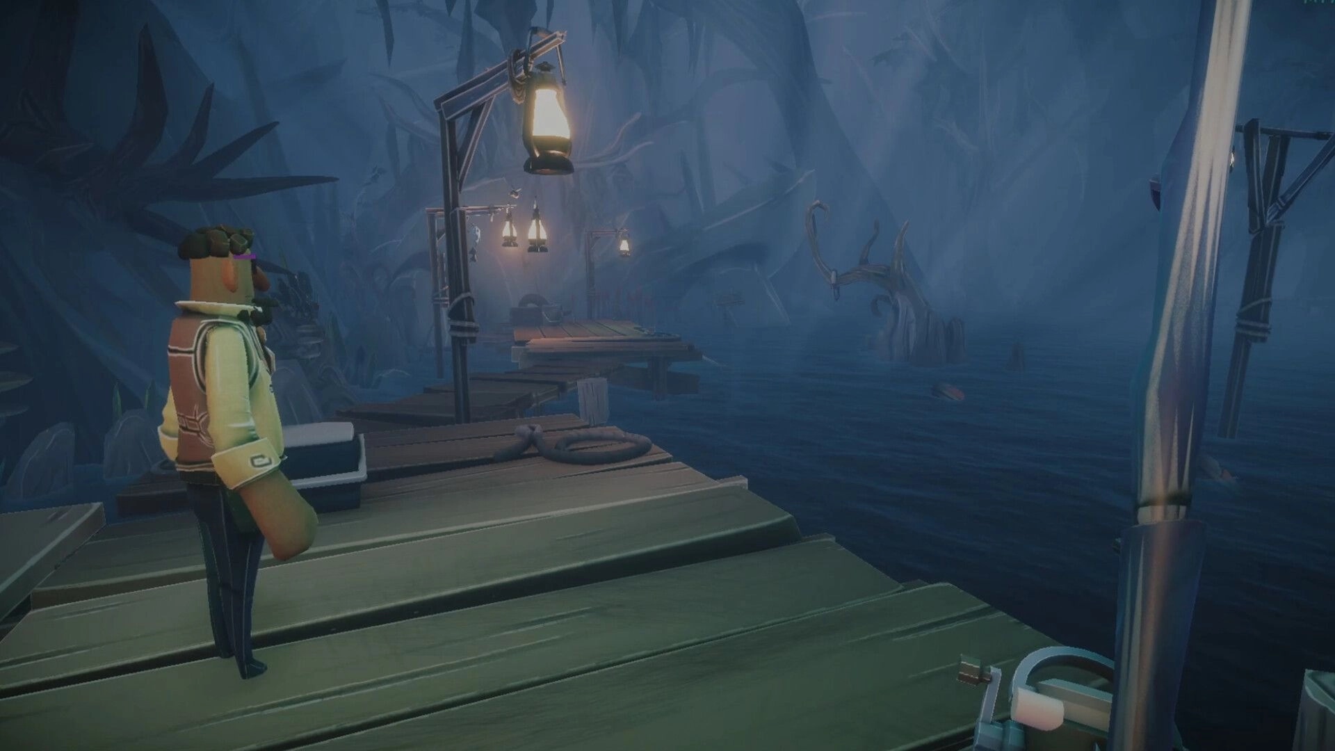 Voodoo Fishin': Character on a wooden dock in a foggy swamp with hanging lanterns illuminating the scene.