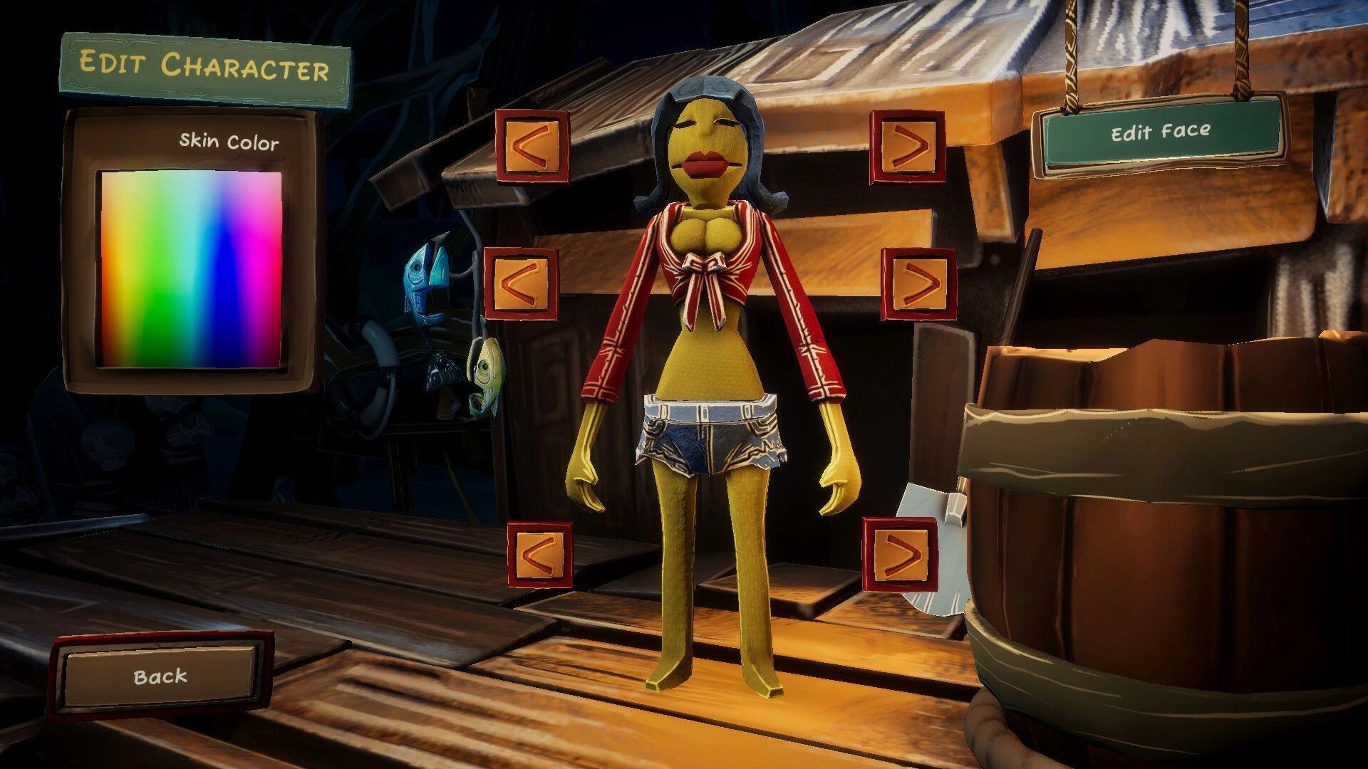 Voodoo Fishin': Character customization screen with skin color palette and edit face options in a hut.