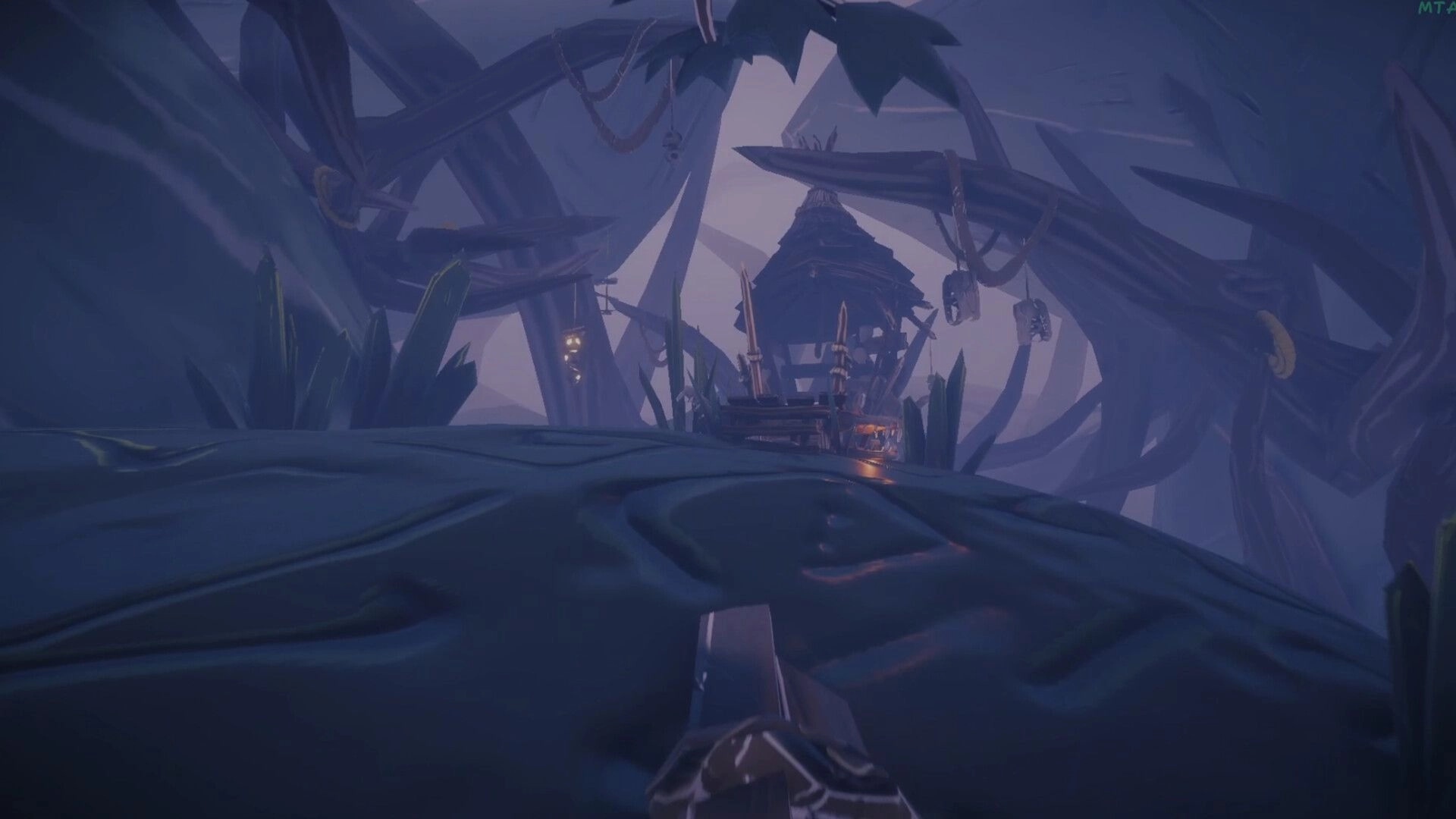 Voodoo Fishin': First-person view approaching eerie swamp hut surrounded by twisted trees and hanging charms