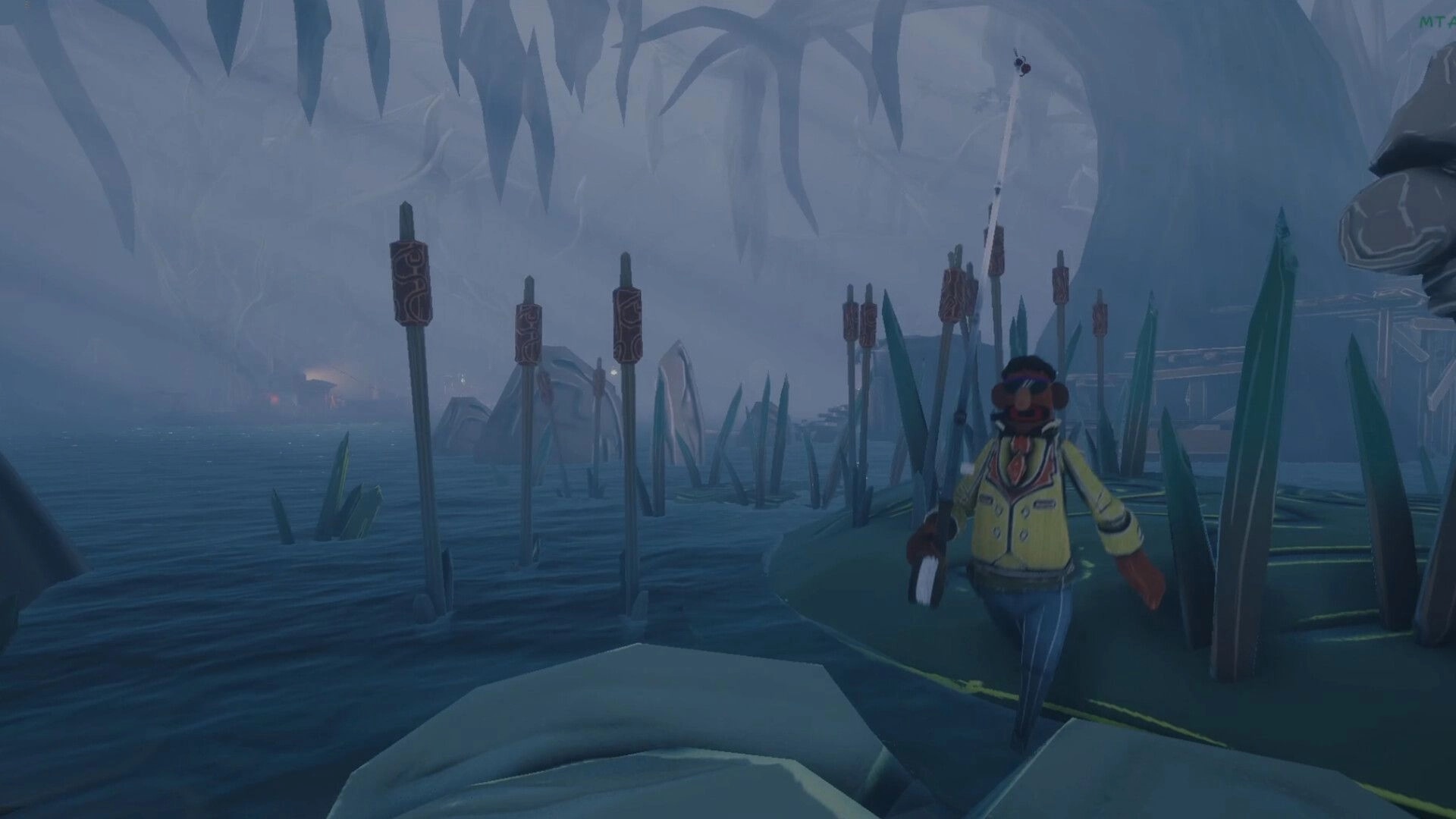 Voodoo Fishin': Character in yellow exploring eerie swamp with fishing rod amidst misty atmosphere