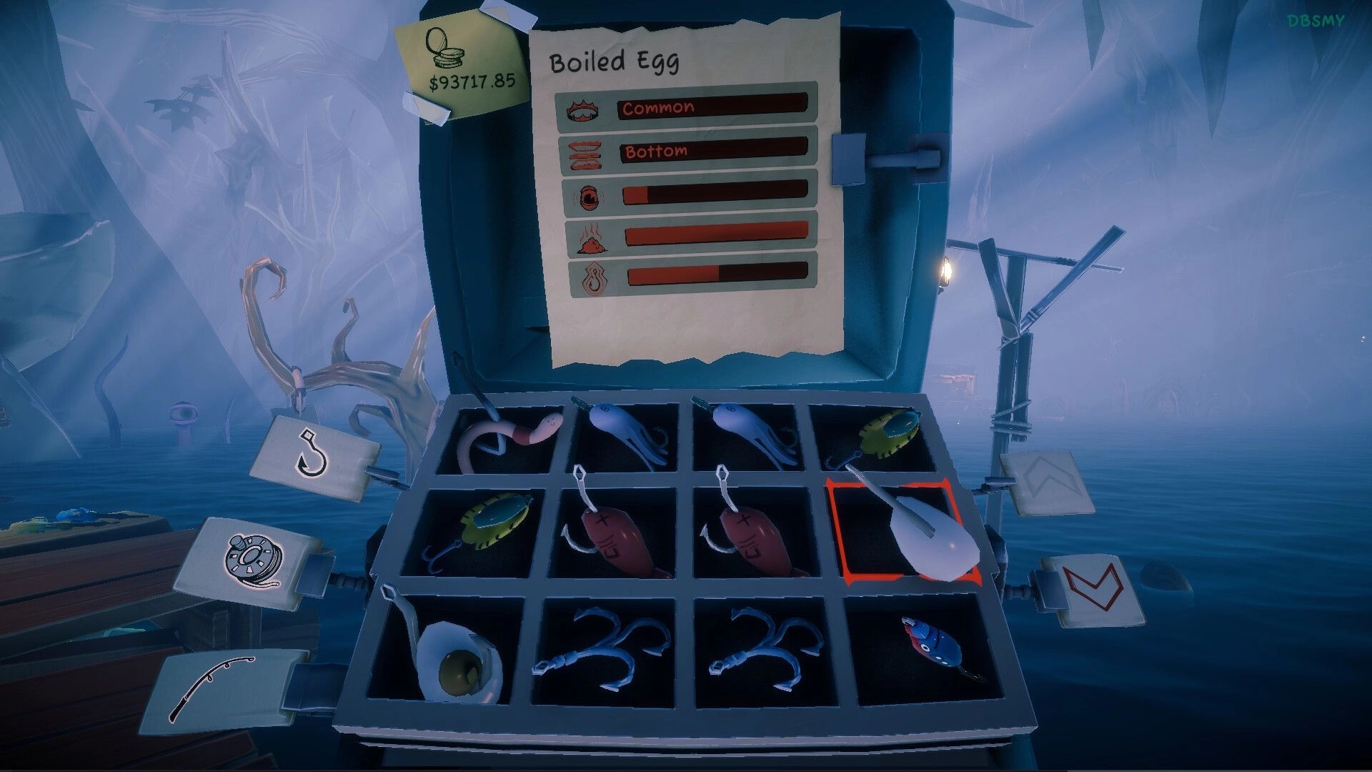 Voodoo Fishin': Tackle box inventory with various lures and a boiled egg bait menu in eerie swamp setting