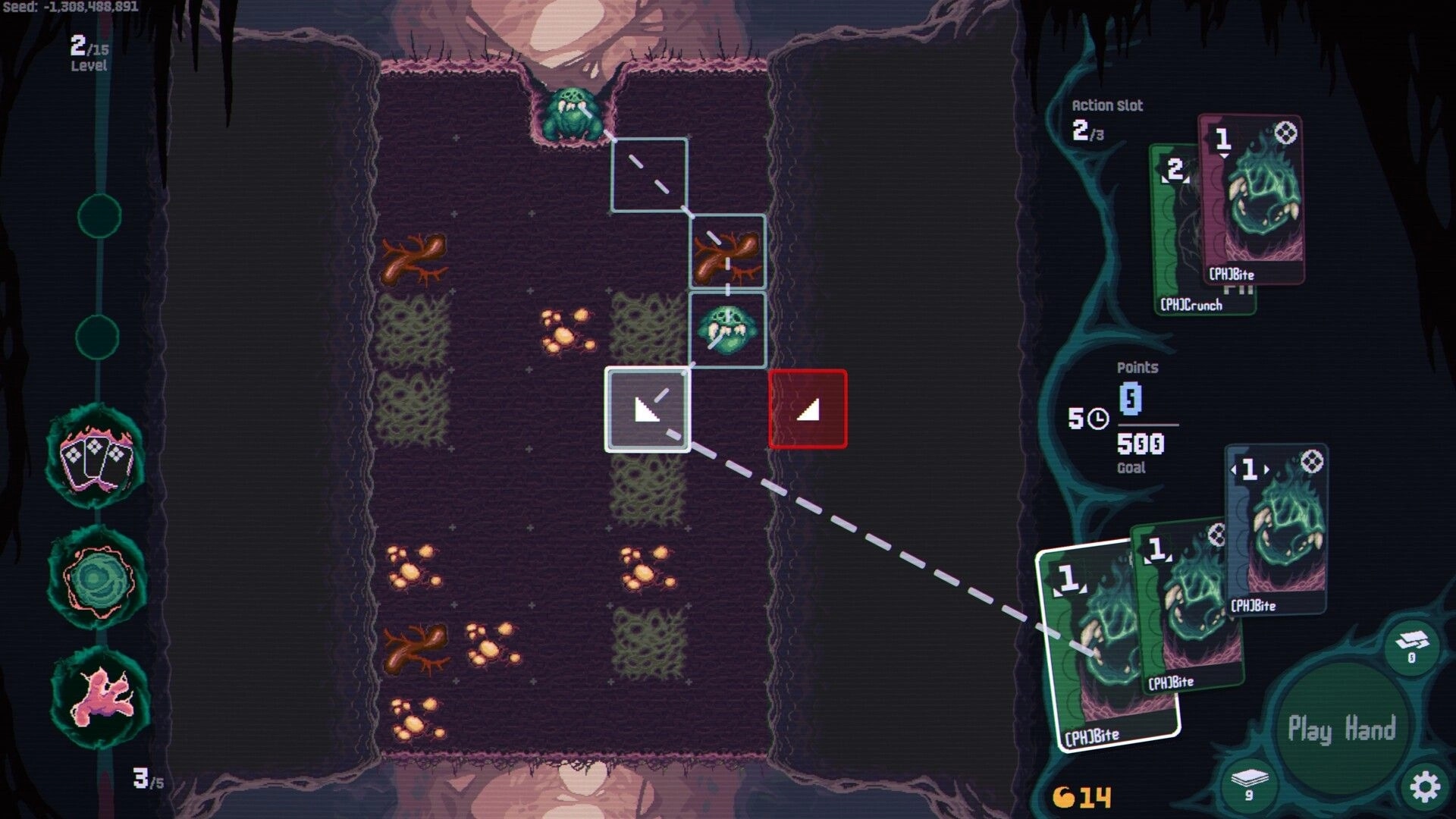 Voraxis: Card selection and path planning in a dark, organic tunnel environment with visible stats.