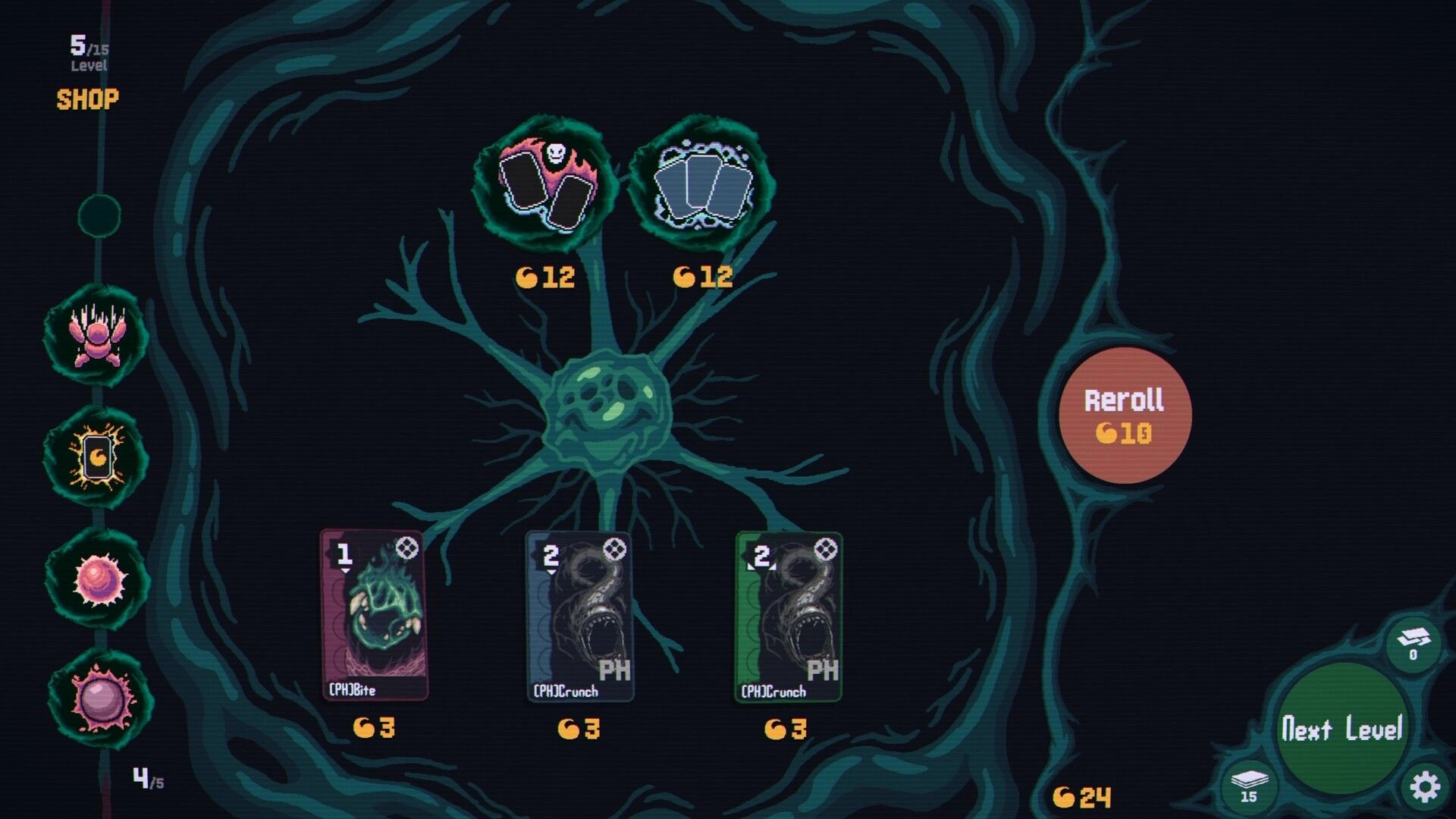Voraxis: Card selection in organic shop interface with reroll and next level options visible