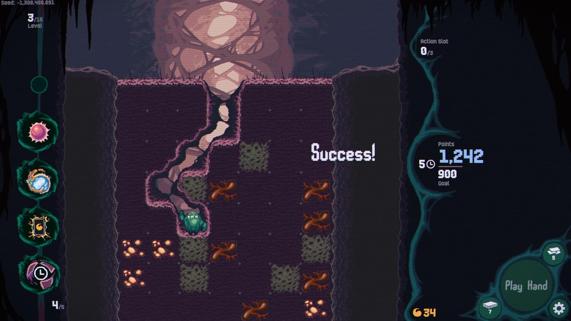 Voraxis: Parasite digging through tunnels with success message and UI elements showing level progress.