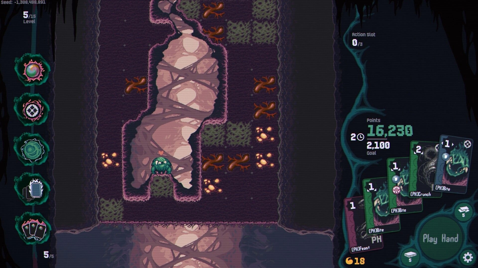 Voraxis: Green creature navigating an organic tunnel with cards displayed on the right UI panel