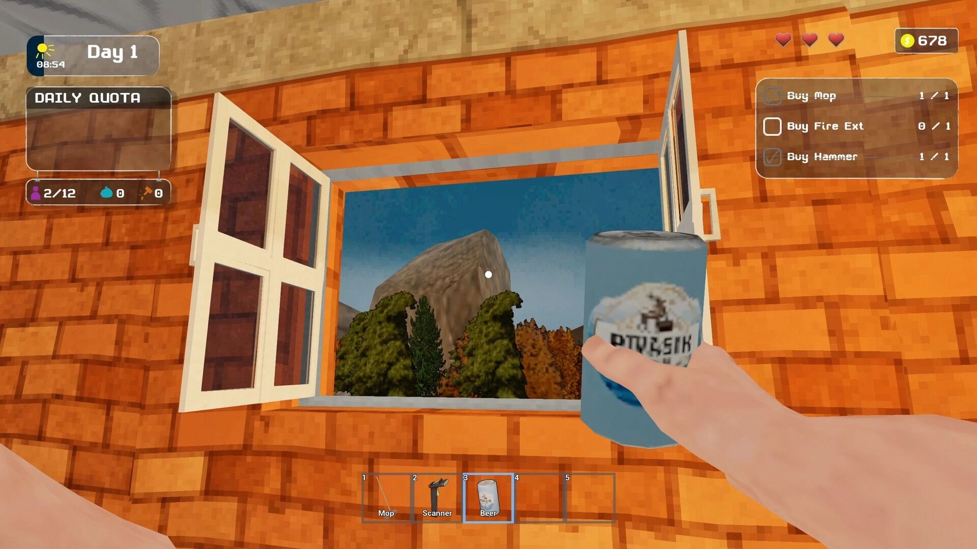 VOSPETKA Simulator: Holding a beer can with quota checklist UI by an open dorm window view.