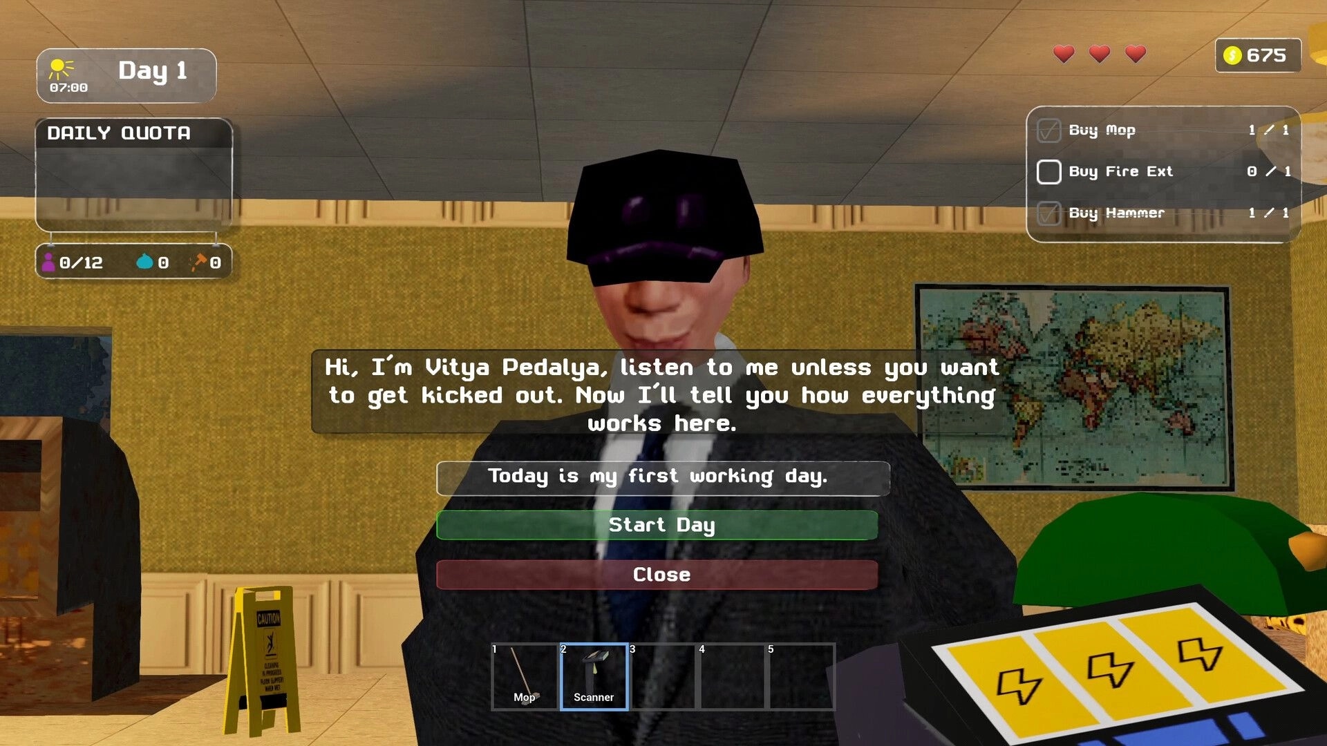 VOSPETKA Simulator: Dialogue with Vitya Pedalya and Start Day menu in a dorm office room.