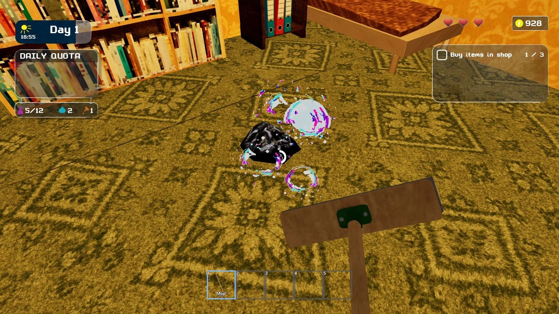 VOSPETKA Simulator: Mopping up glittery puddles on carpeted floor in dorm room with quota UI.