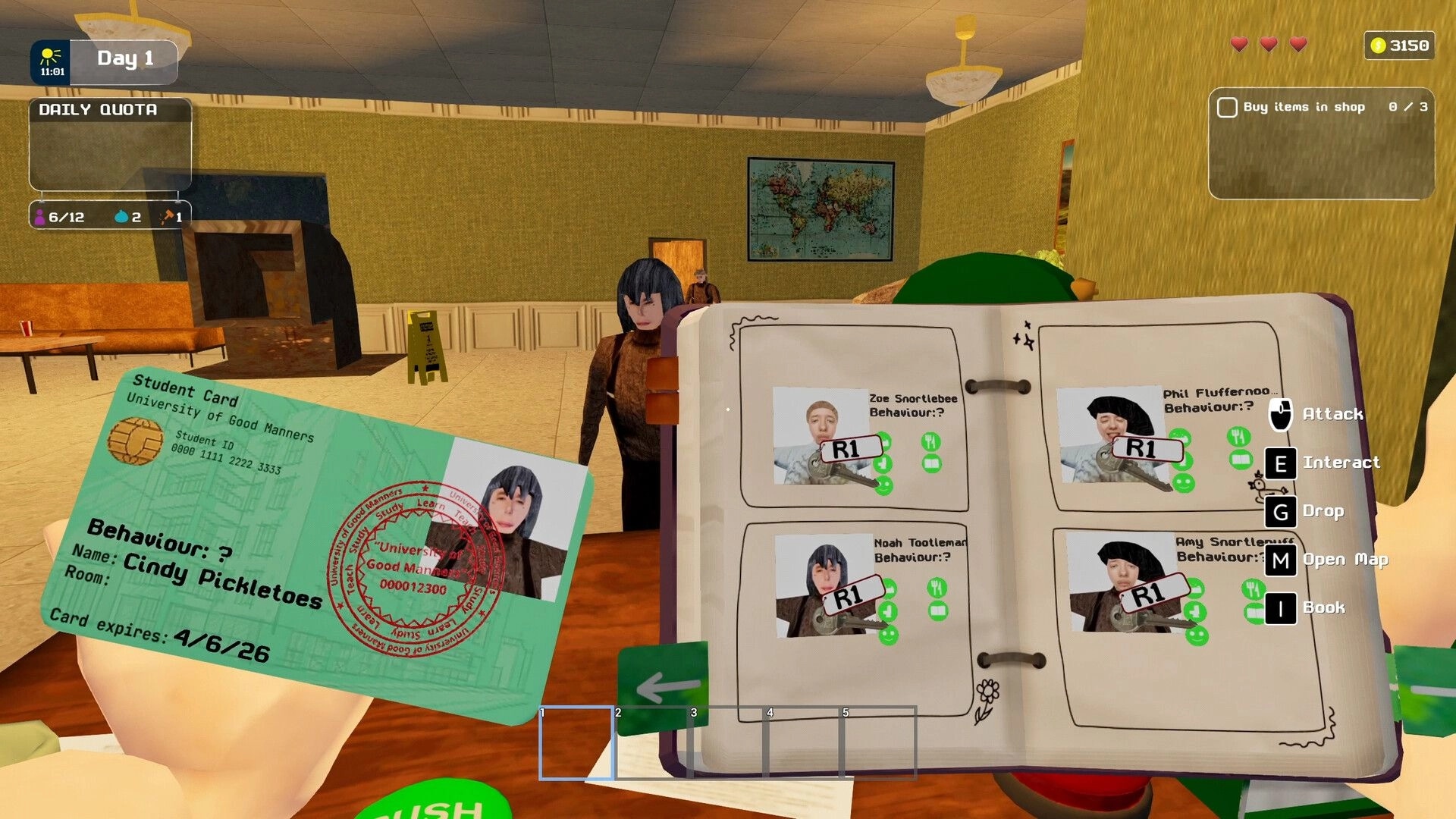 VOSPETKA Simulator: Holding a student ID and open behavior book in a dorm lobby with quota UI.