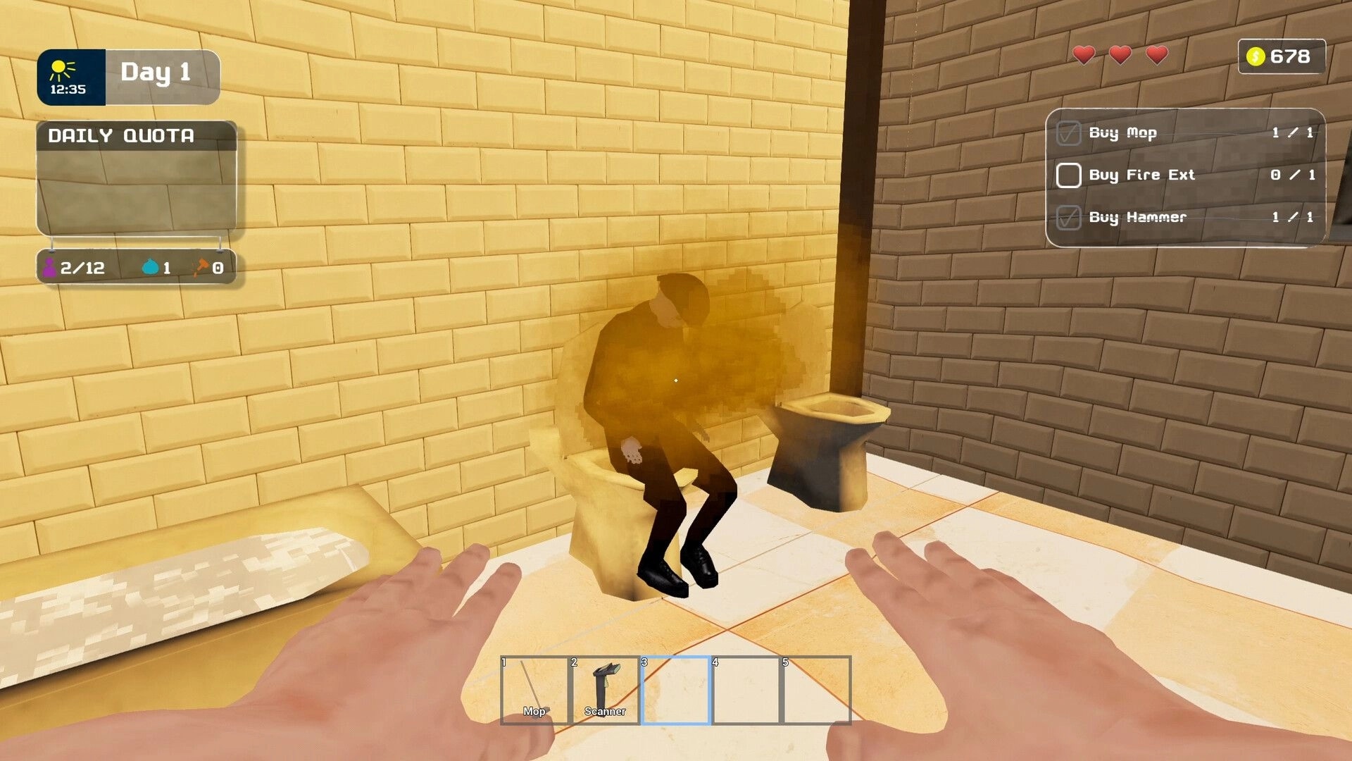 VOSPETKA Simulator: First-person view of a student on a toilet with task UI in tiled bathroom.