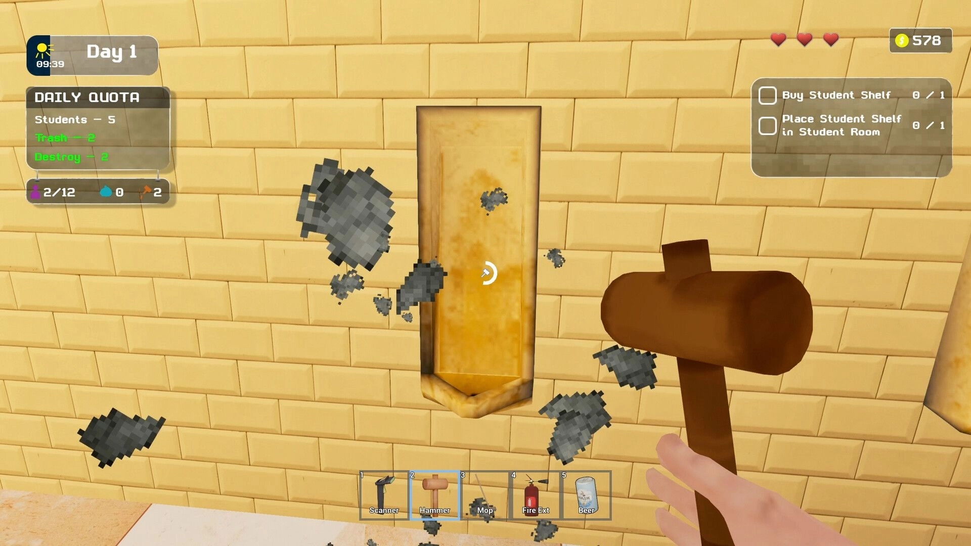 VOSPETKA Simulator: Player swings a hammer at a wall panel with quota UI in a brick hallway.