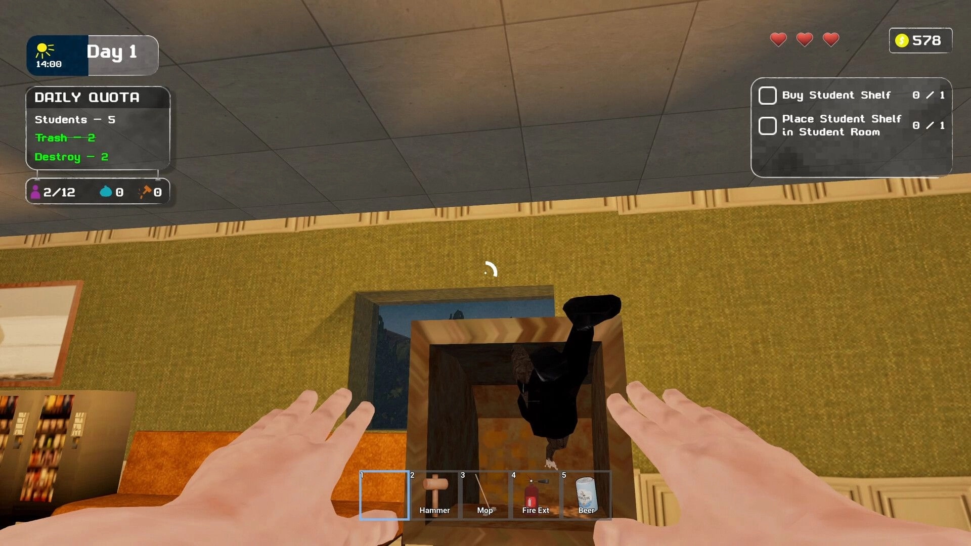 VOSPETKA Simulator: First-person view holding a cabinet as a student falls in a dorm hallway room.
