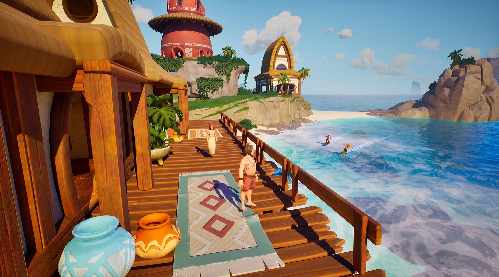 Voyagers of Nera: Characters on wooden dock overlooking ocean with friends surfing near island shore